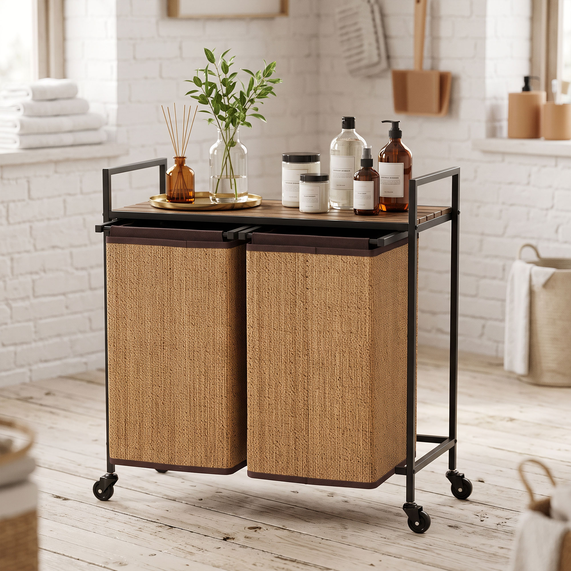 Wäschekorb Bambus 2 Fächer 120 L Wäschesammler mit Regal Ablage, Wäschebox Wäschesack, Rollbar 73x33x78 cm, Braun