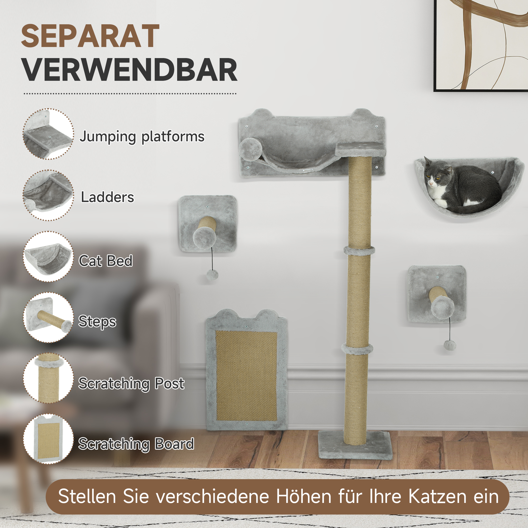 5-teiliges wandmontiertes Kletterset für Hauskatzen mit Kratzpfosten, Kratzmatte, Katzenbett, Spielzeugbällen, Hellgrau