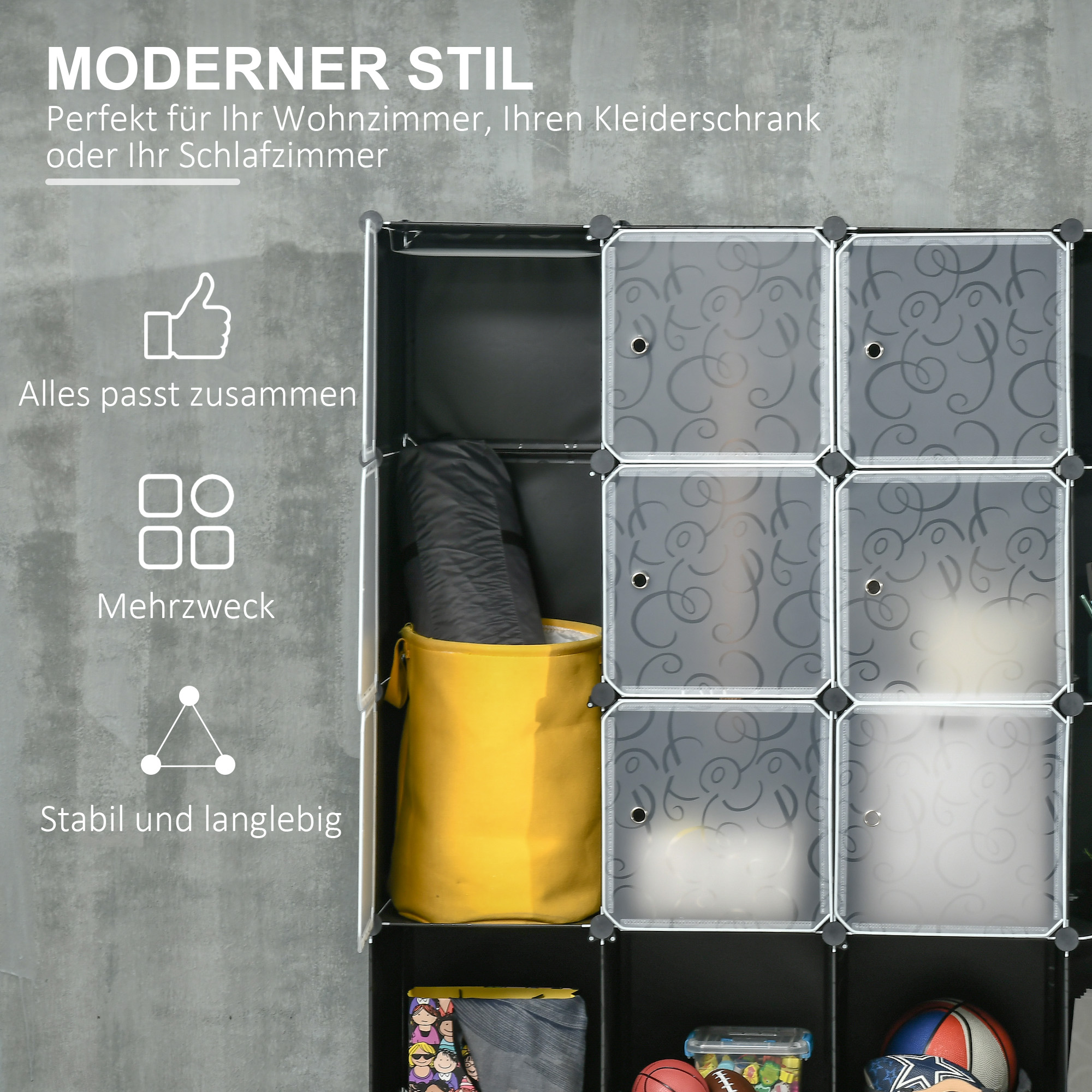 Modularer Aufbewahrungsschrank, Kleiderschrank, 16 Fächer, Kunststoff, Stahl