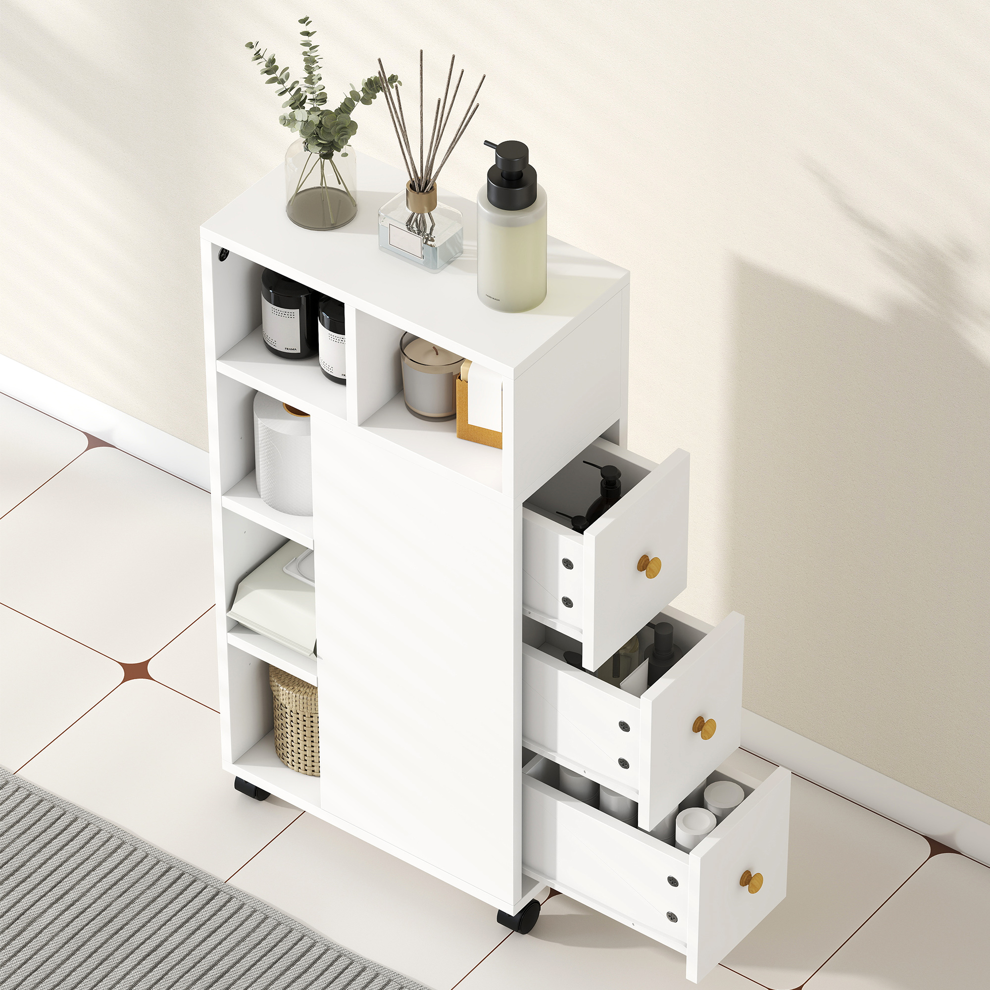 Badezimmerschrank Schmal, Badschrank mit 4 Rollen, 3 Schubladen, 5 offenen Fächern, 20x40x80cm, Weiß