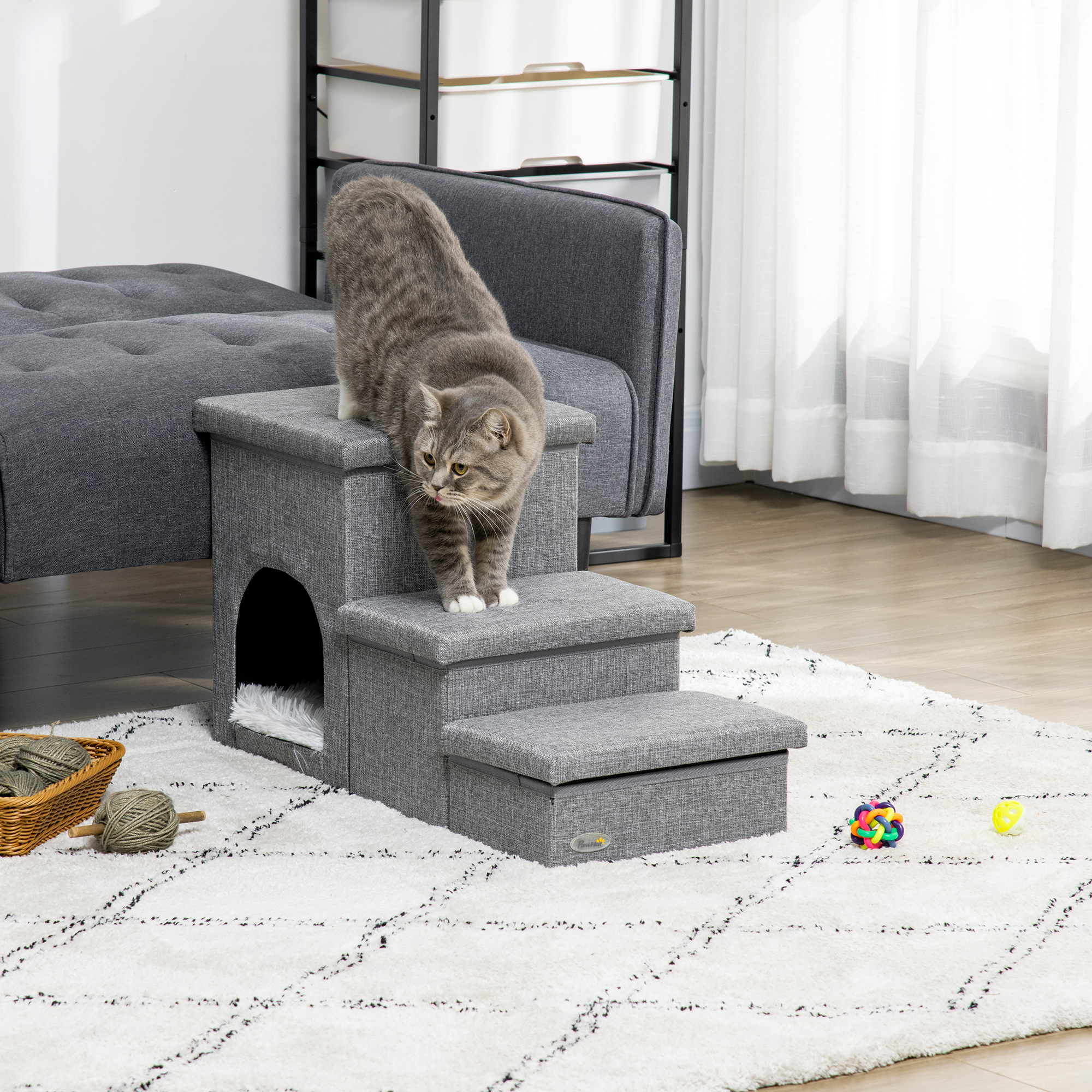 Haustiertreppe mit Haustierbett, inkl. versteckter Stauraum, 73,5 cm x 33 cm x 40,5 cm, Hellgrau