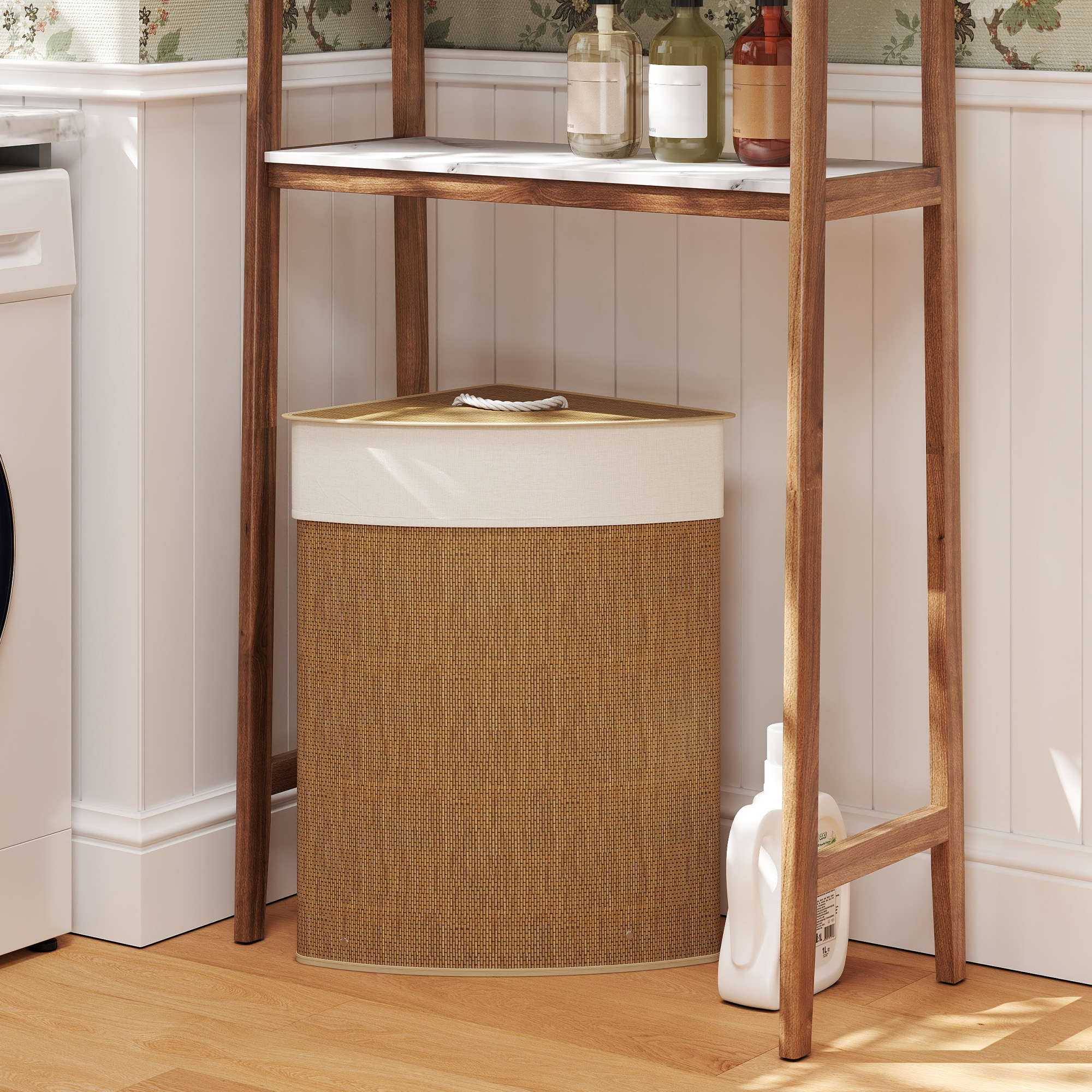 Wäschekorb im Eckdesign, Bambusgeflecht, 55 Liter, Stoffbeutel, Metallrahmen, Braun