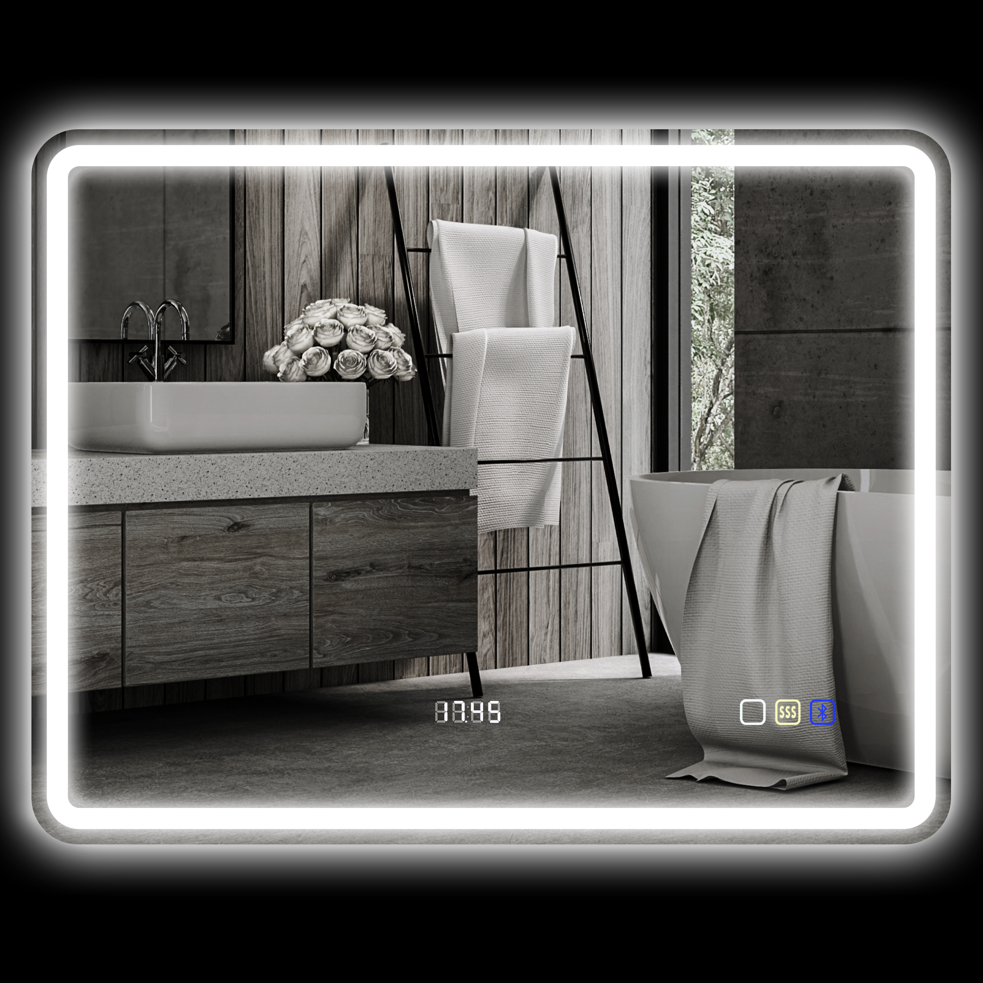 Badezimmerspiegel mit LED-Beleuchtung, Anti-Beschlags-Pad, 3 verstellbare Farben, Uhr, 700 x 900 mm, Silberfarben