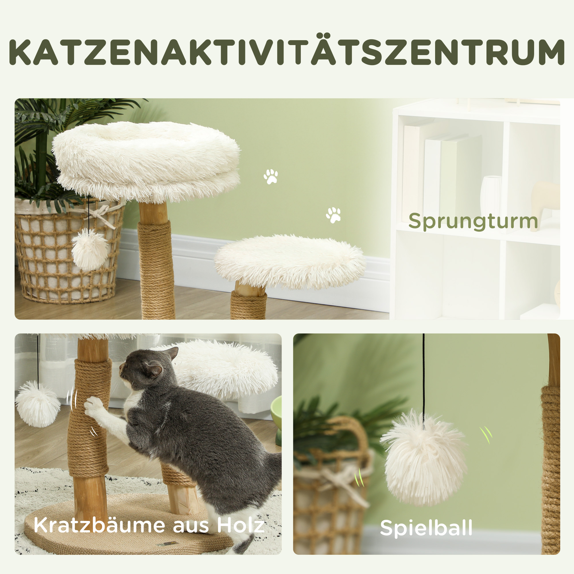 Katzenbaum, 61,5 cm, mit Katzenbett, Kratzpfosten, Sprungplattform, Spielzeugball, für Katzen bis zu 5 kg, Weiß