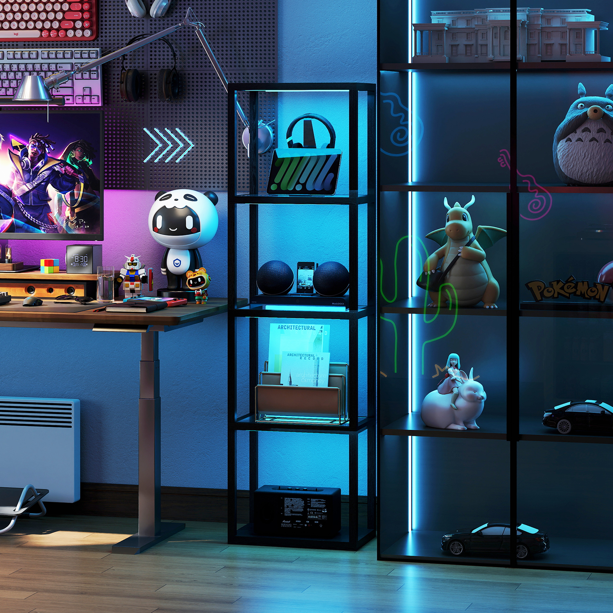 RGB Stehlampe mit Glasregalen, 4-Ebenen-LED-Stehleuchte mit Fernbedienung, Musiksynchronisation, Schwarz