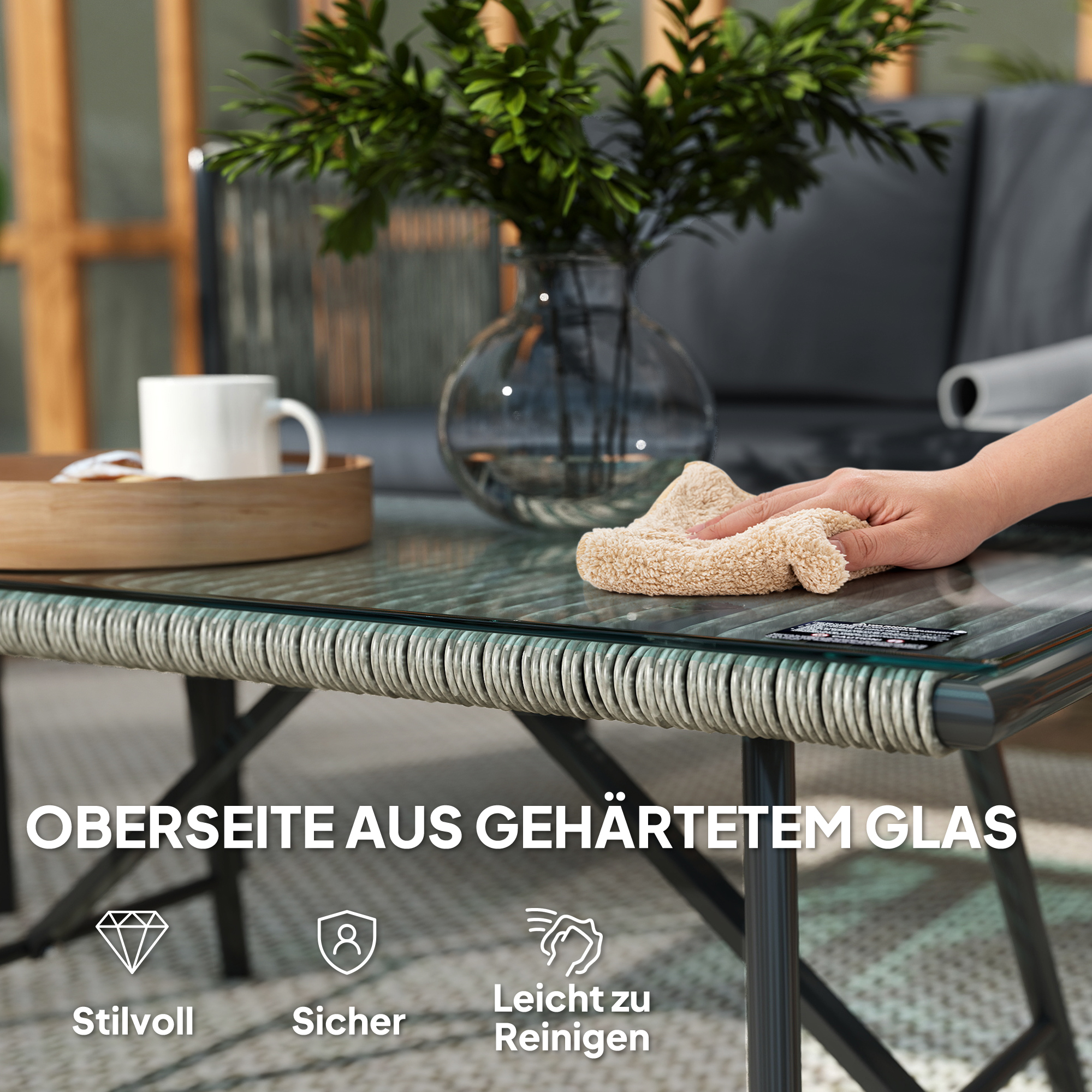 4-teiliges Gartenmöbel-Set, 1 Sofa, 2 Sessel, 1 Tisch mit Glasplatte, Kissen, Stahlrahmen, Kunststoff-Rattan, Grau