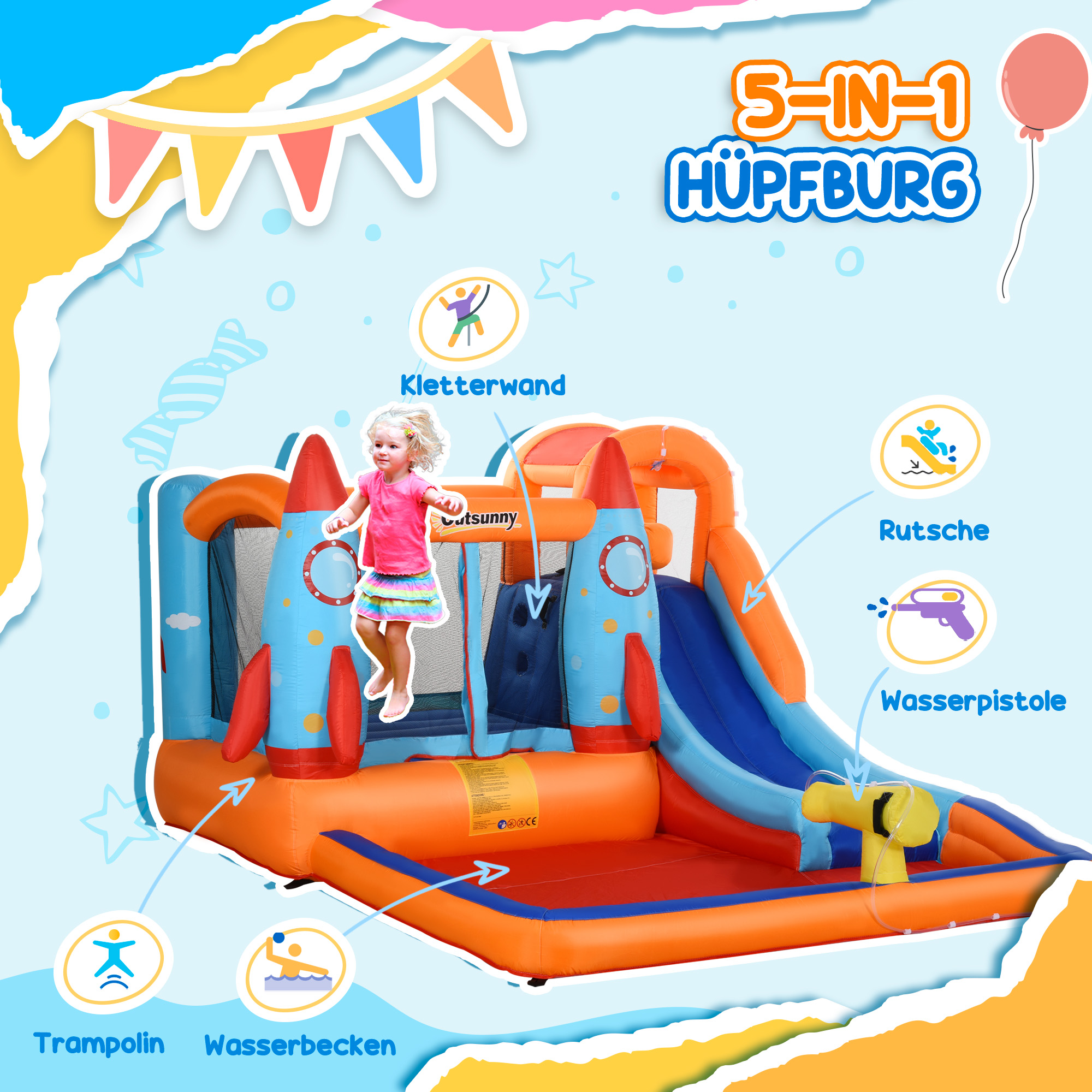 aufblasbare Hüpfburg inkl. Gebläse, Flicken und Befestigungsmaterial, 350 cm x 250 cm x 185 cm, Mehrfarbig