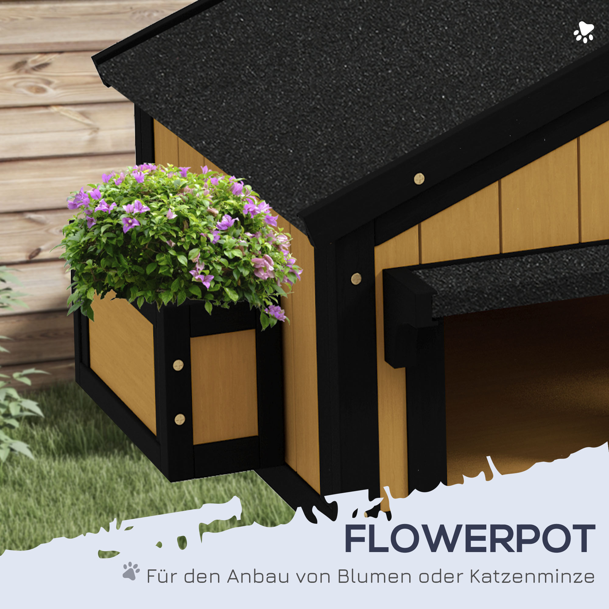 Katzenhaus Katzenhütte Katzenhöhle, inkl. Blumenkasten, 96 cm x 65 cm x 85,5 cm, Gelb + Weiß + Schwarz