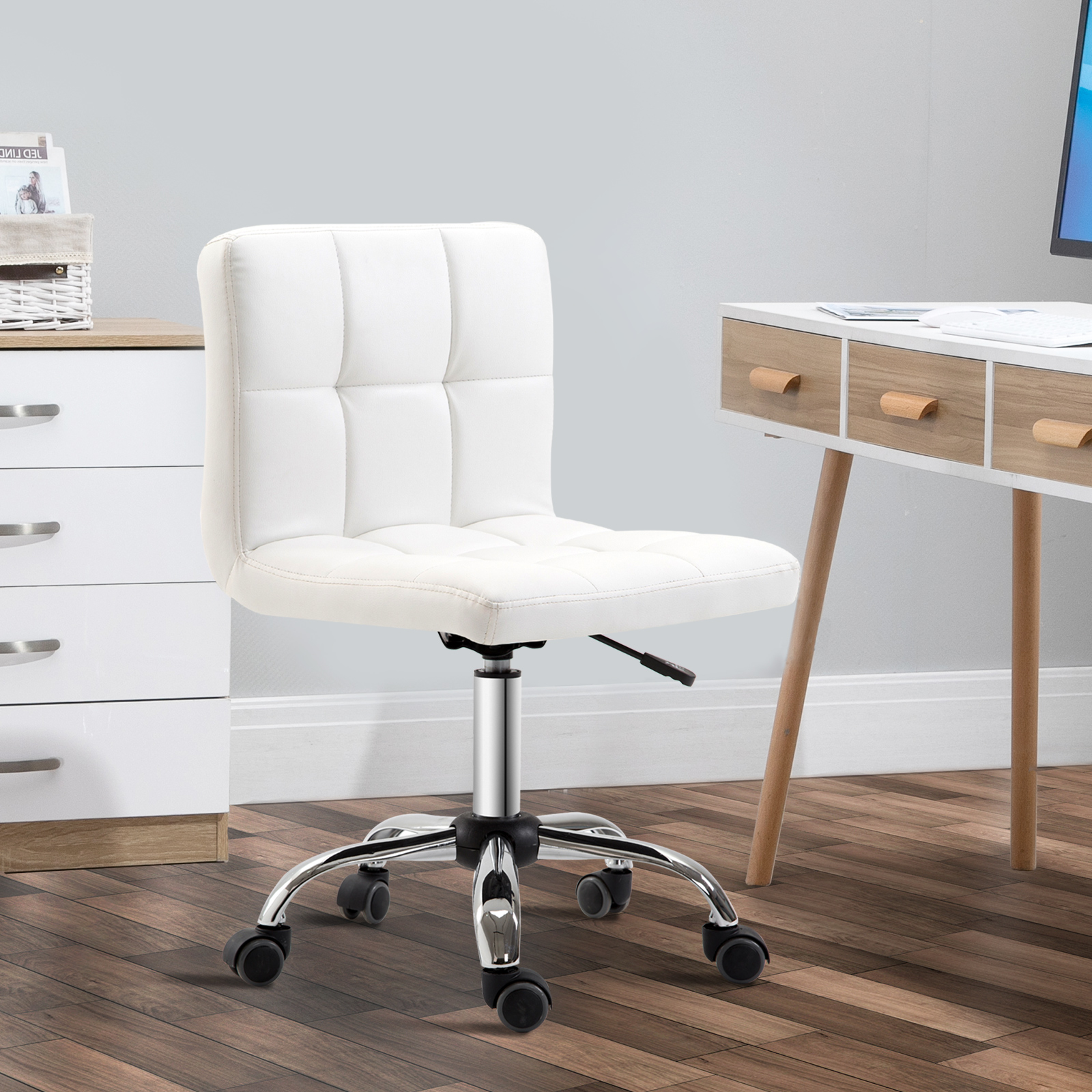 Bürostuhl, Drehstuhl, Kunstleder, Stahlstruktur, 5 Räder, gepolstert, Weiß