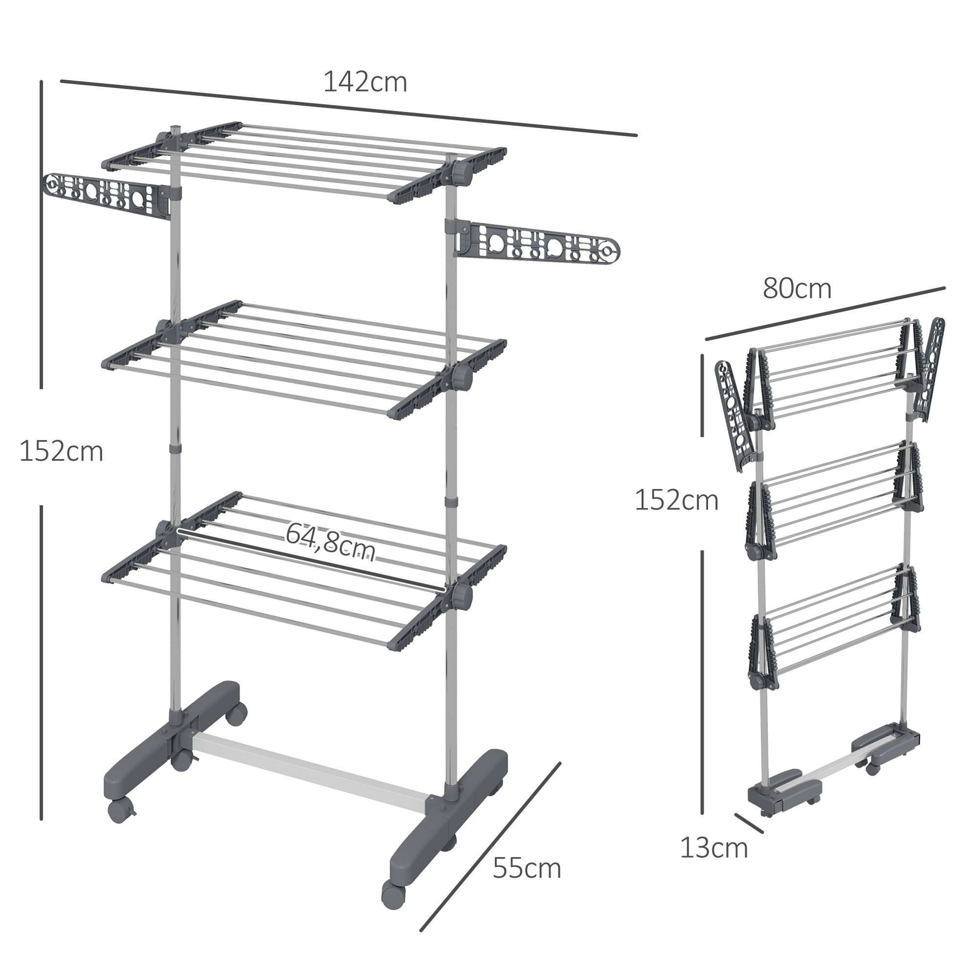 Wäschenständer Wäschetrockner, 4 Ebenen, klappbar, One-Klick-System, 142 cm x 55 cm x 152 cm Blau + Silber