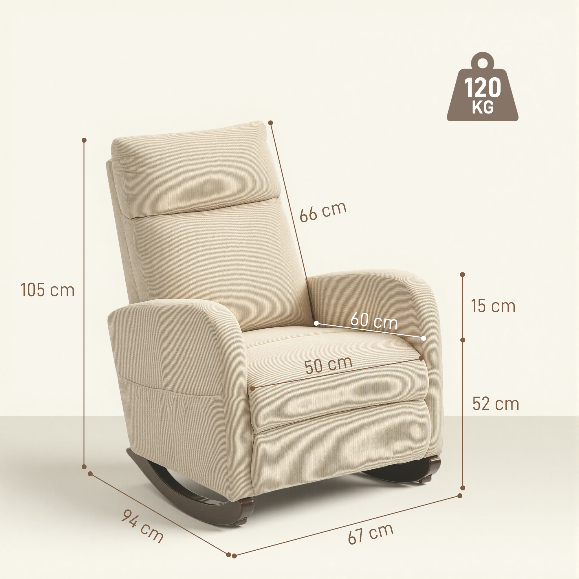 Schaukelstuhl, gepolsterter Schaukelsessel mit Cordstoff, Seitentaschen für Wohnzimmer, Schlafzimmer, Beige
