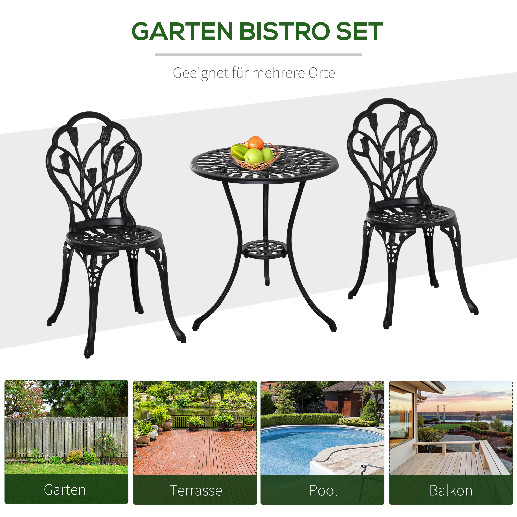 Bistroset wetterfest für 2 Personen 1 Tisch+2 Stühle mit Schirmloch für mehrere Orte Aluminium Schwarz