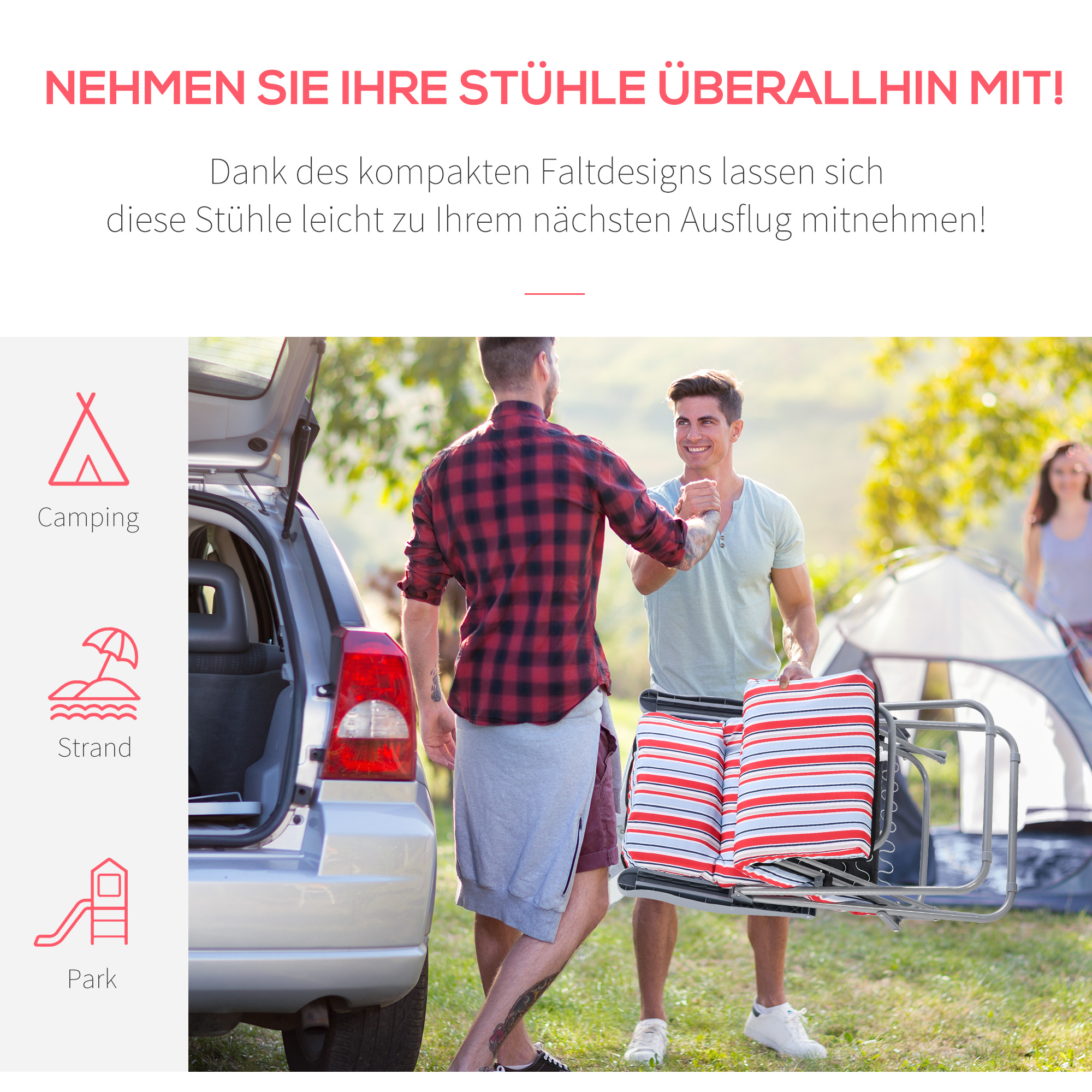 2er-Set Liegestuhl Set mit Kissen klappbar Sonnenliege 5 Stufen verstellbarer Rückenlehne Gartenliege Gartenmöbel Set Stahl Polyester Rot 60 x 75 x 65-102 cm