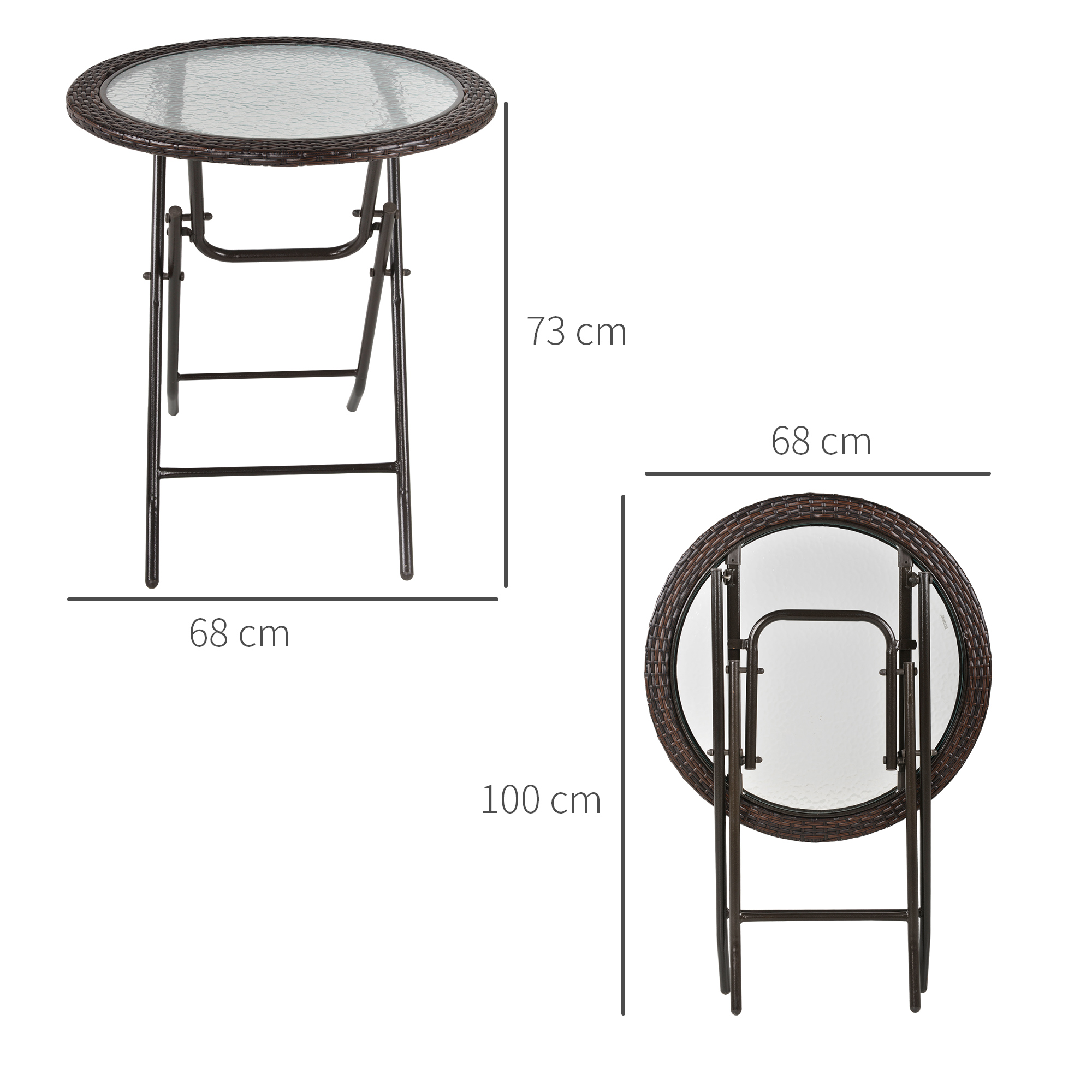 Gartentisch, klappbar, Hartglastischplatte, Stahlrahmen, Rattan-Dekor, braun, 68 x 68 x 73 cm