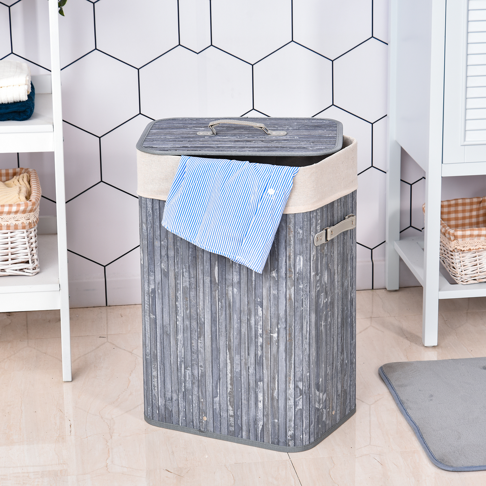 Wäschekorb schmal mit Deckel 72L Wäschesammler mit Griff, herausnehmbarer Wäschesack, Wäschebox für Waschküche Schlafzimmer Badezimmer, Grau