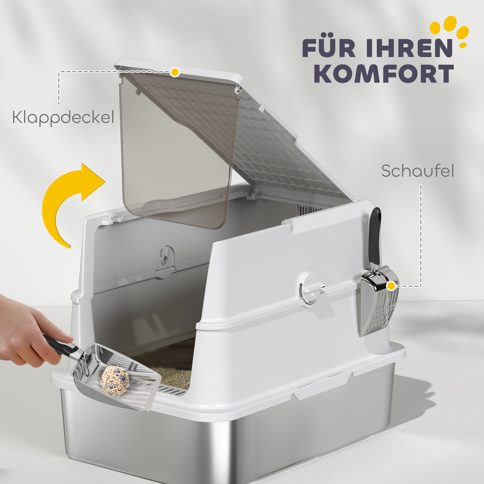 Katzentoilette, Edelstahl, XL-Innenraum, mit Schaufel, Hellgrau
