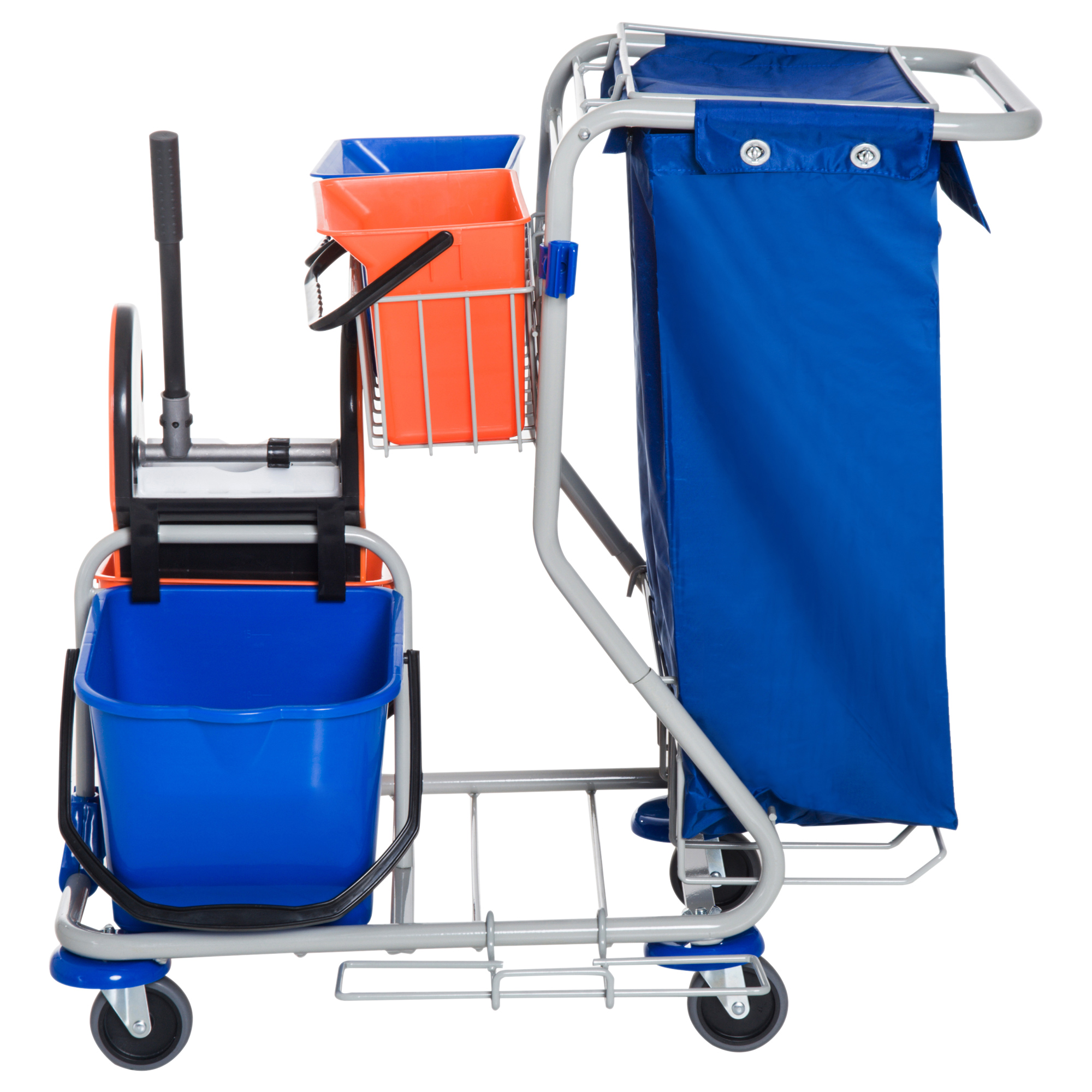 Putzwagen Reinigungswagen mit 2 x 18L & 2 x 6L Eimern Wischwagen Haushaltswagen mit Mopp-Presse, Aufbewahrungskorb, Blau Orange 93 x 80 x 97 cm
