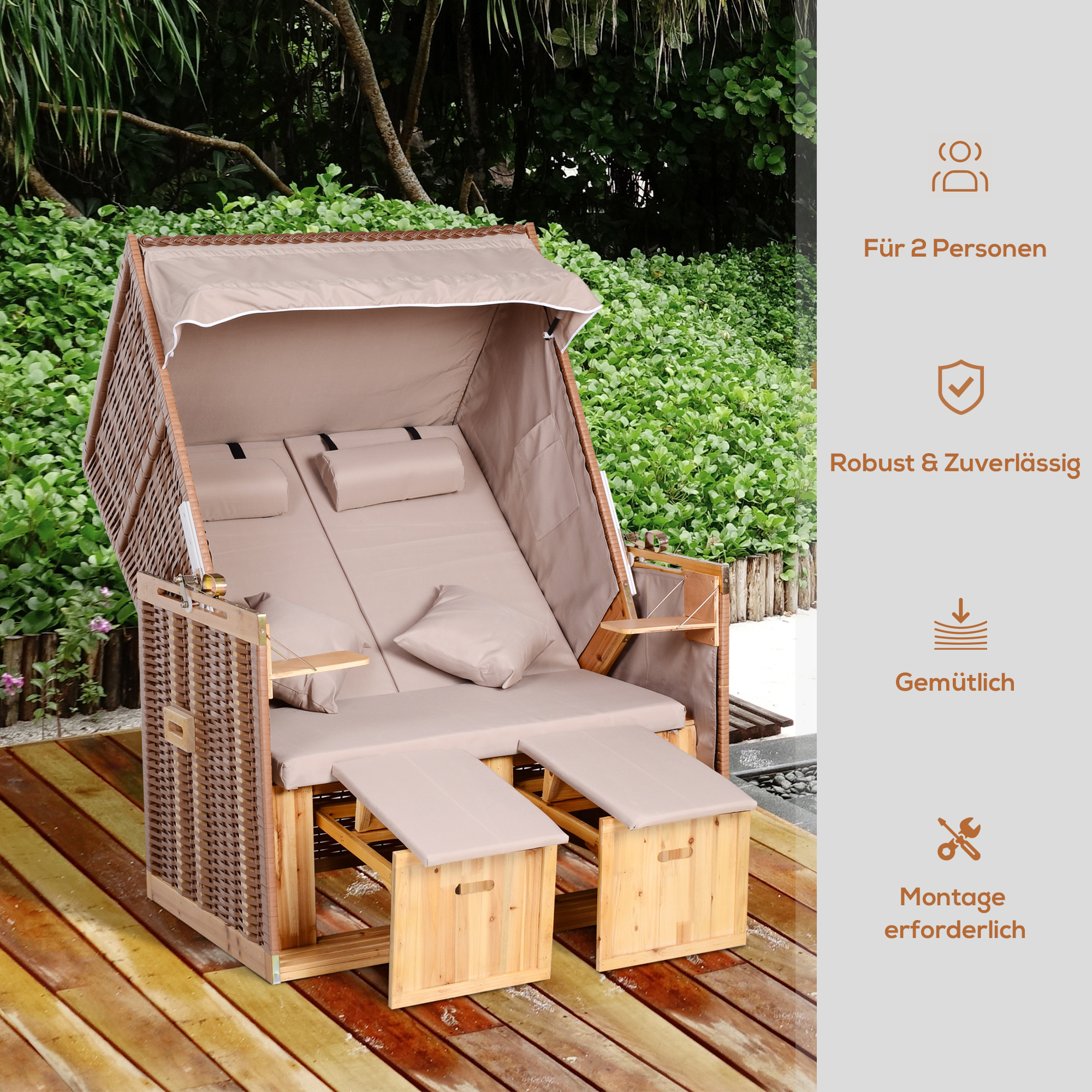 Strandkorb für 2 Personen mit neigbarer Rücklehne Beige 118 x 79 x 160cm