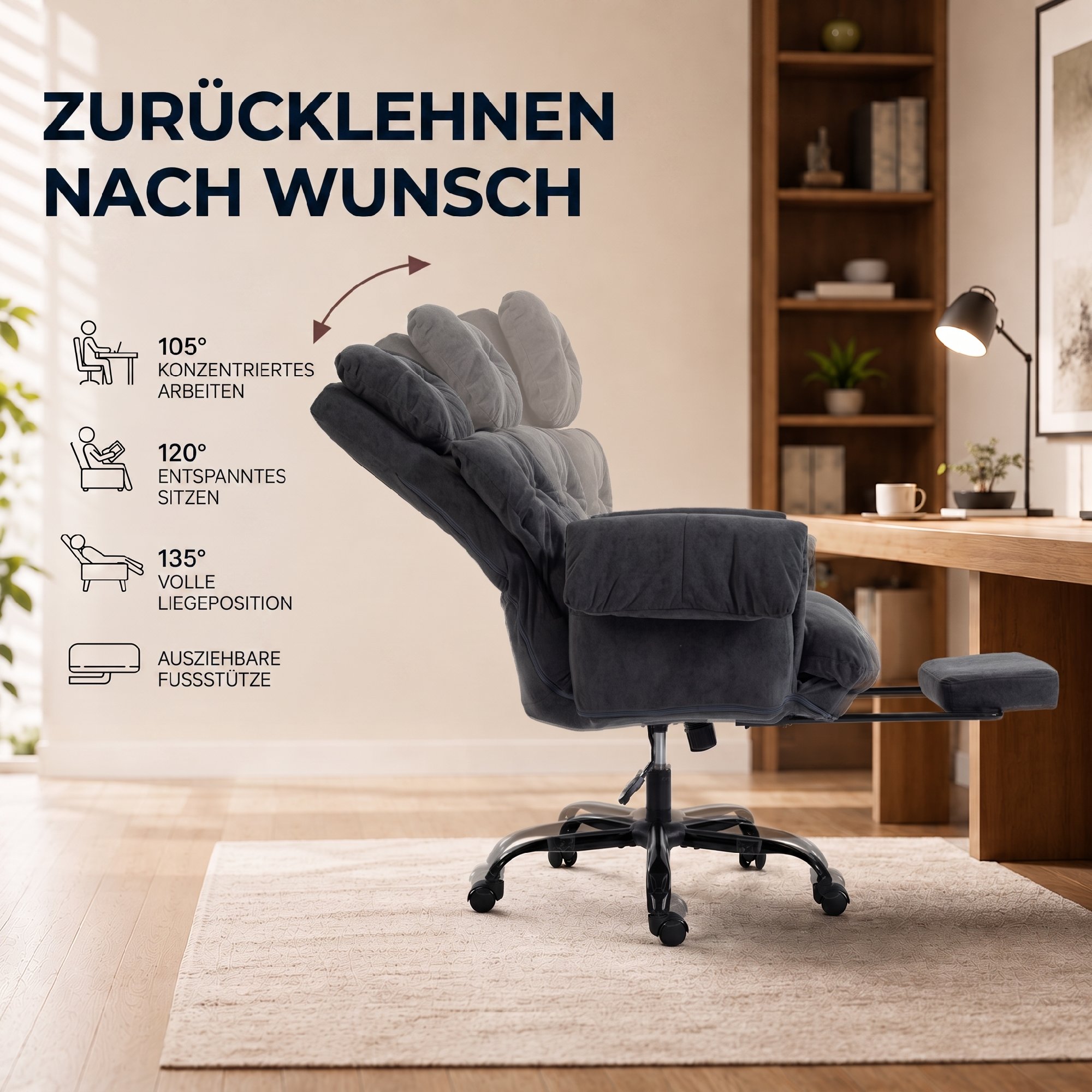 Bürostuhl mit verstellbarer Rückenlehne, rollbarer Polsterstuhl, Polstersessel, höhenverstellbar, Stahl, Dunkelgrau