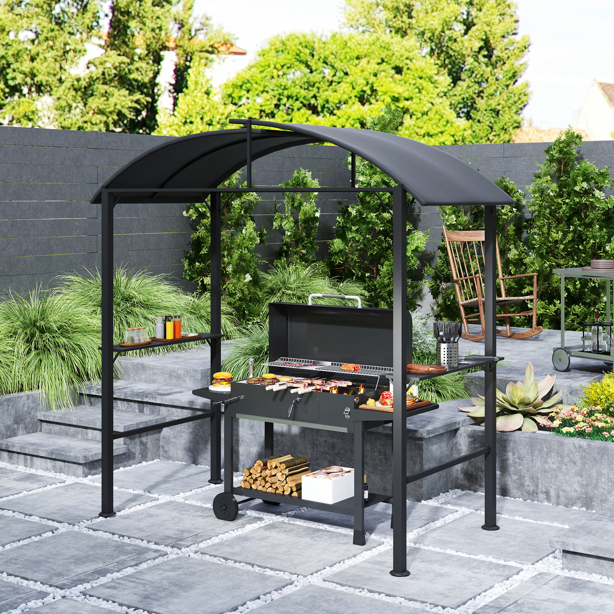 Grillpavillon, 2 Seitenablagen, Haken, Stahlrahmen, 1,1 x 2,3m, Dunkelgrau