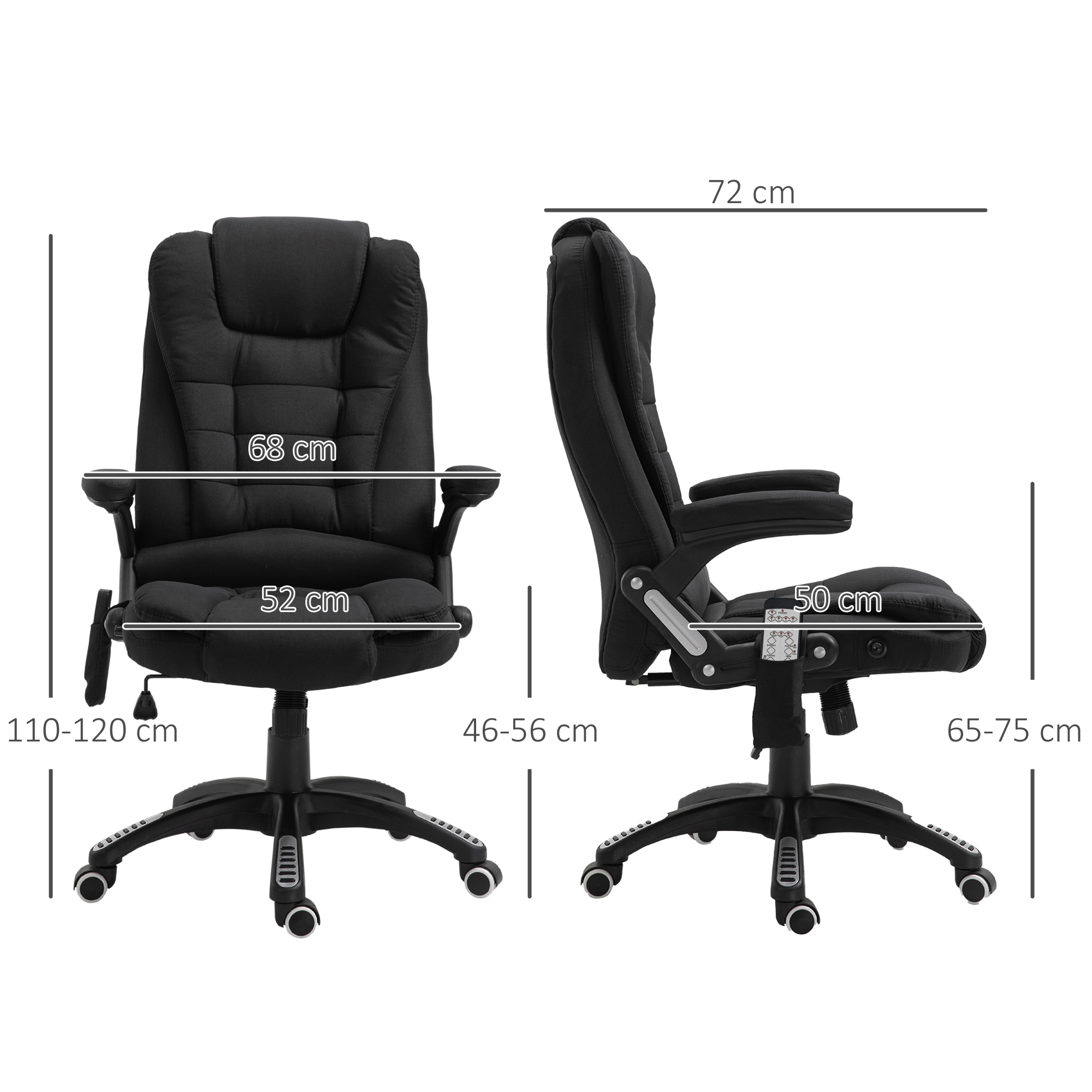 Bürostuhl mit Vibrationsmassage, Ergonomisch Schreibtischstuhl mit Heiz-, Liegefunktion, Höhenverstellbar Chefsessel mit Fernbedienung, Seitentasche, Leinenoptik, Schwarz