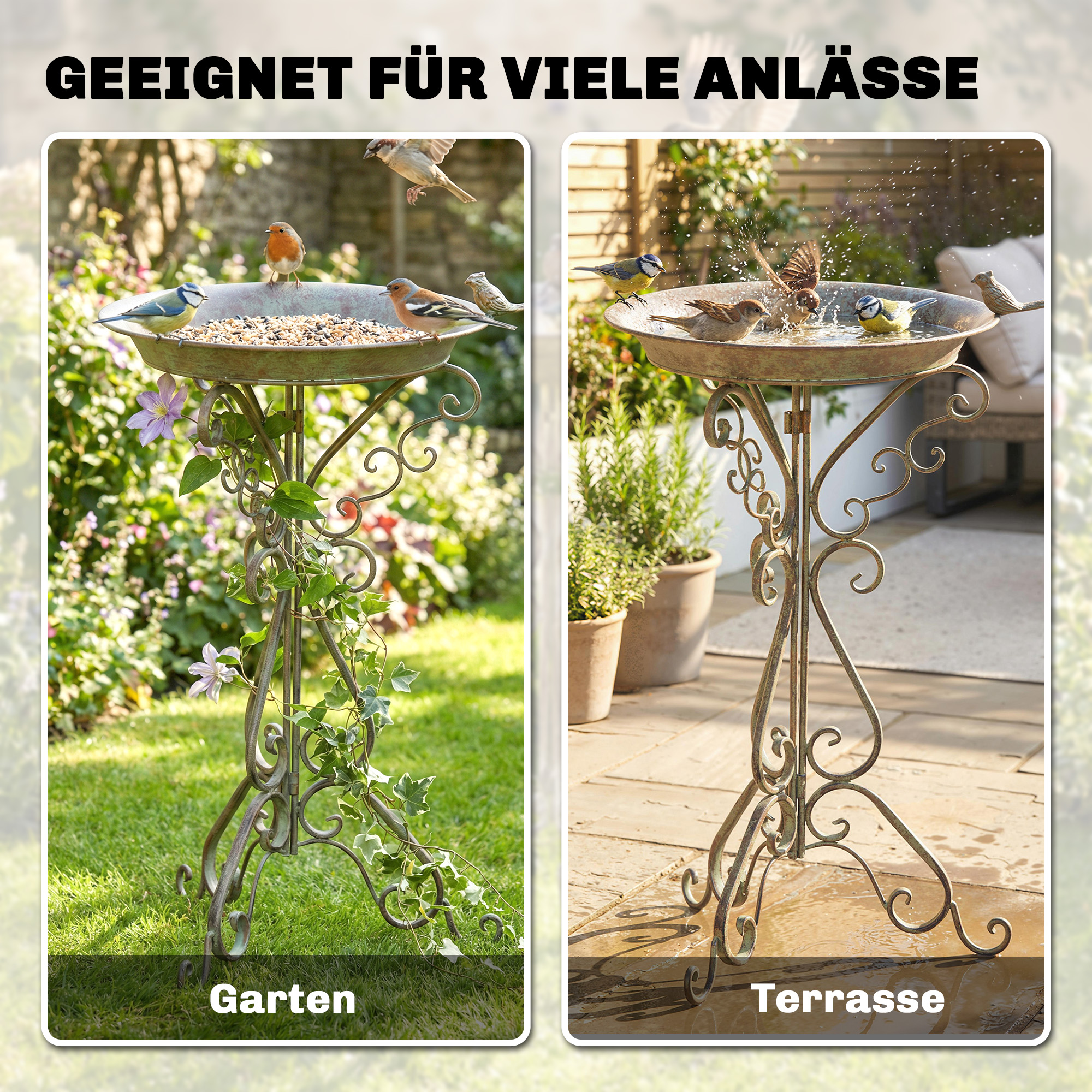 Vogelbad mit Vogelstatue und dekorativem Standfuß, Vintage Garten Vogelbad Schale Sockel, Grün