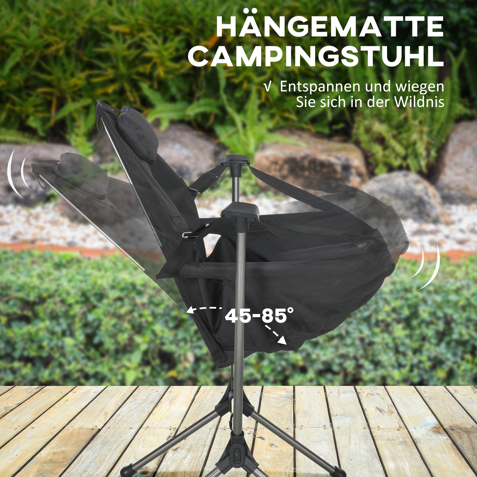 Camping-Schaukelstuhl, faltbar, verstellbare Rückenlehne, Aluminiumrahmen, 54 x 100 x 101cm, Schwarz