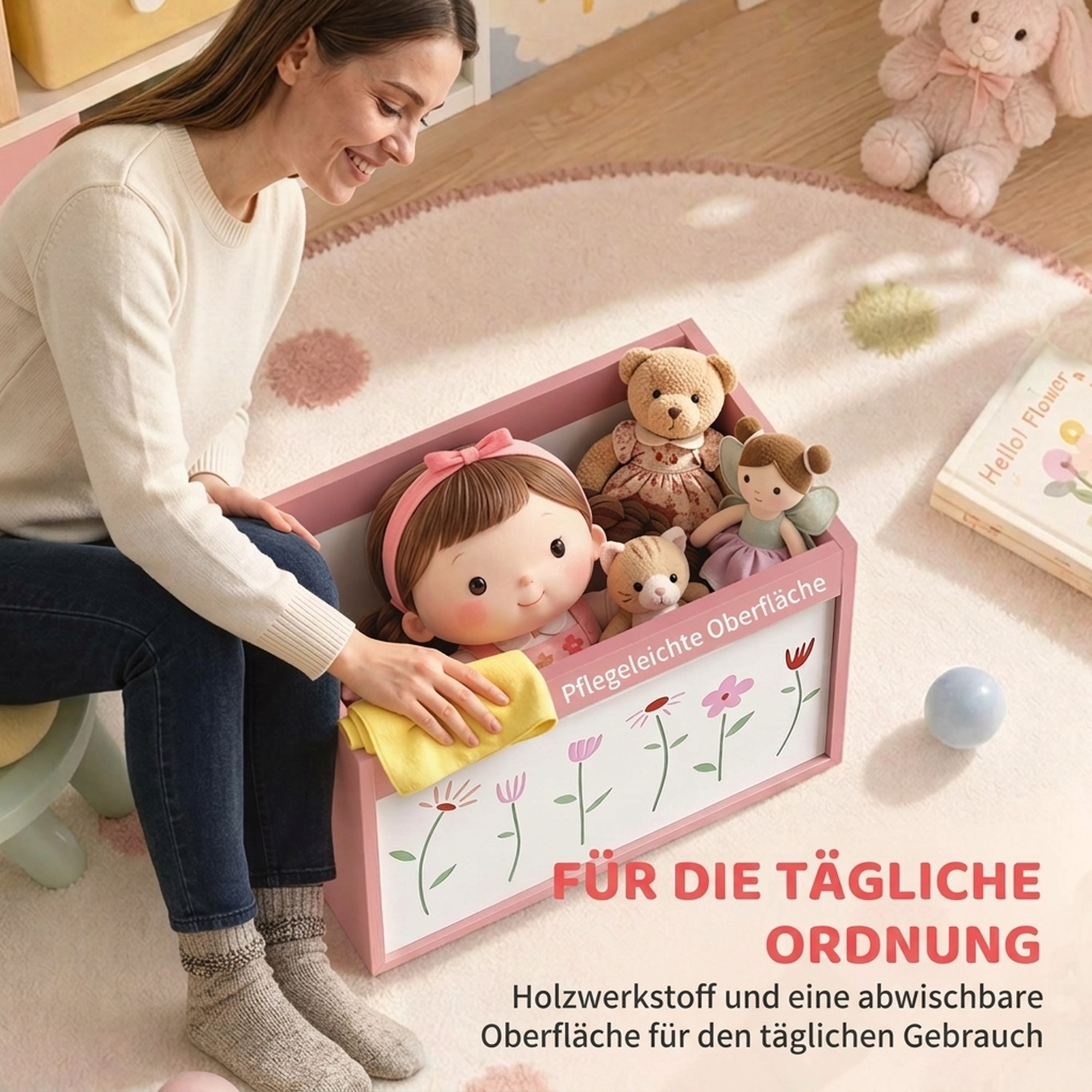 Spielzeugkiste, Aufbewahrungsbox mit Rollen Bremsen, 34,5 L offene Spielzeugtruhe mit Blumenmuster, 50 x 30 x 33,5 cm