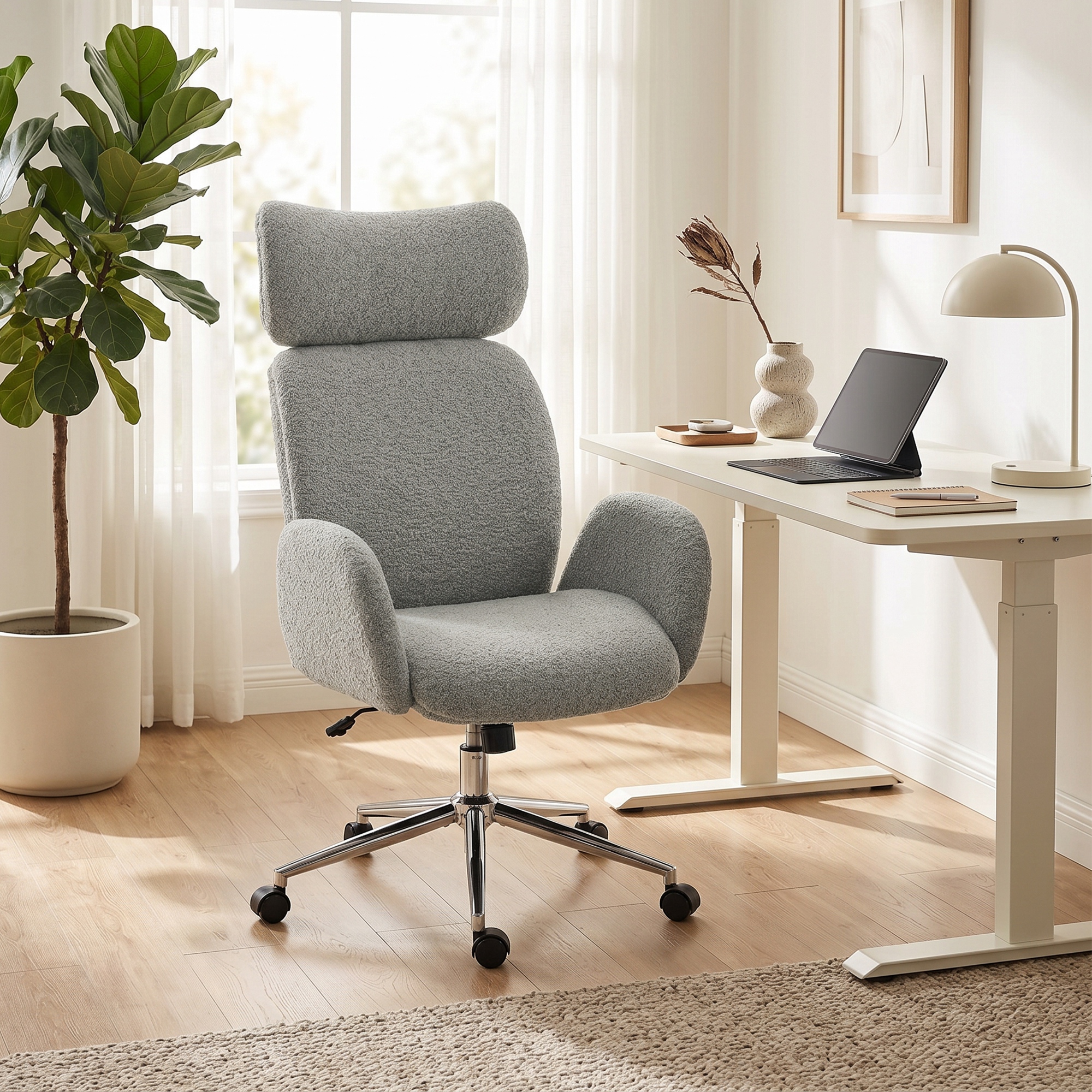 Bürostuhl mit verstellbarer Kopfstütze, ergonomischer Schreibtischstuhl, Kippfunktion, höhenverstellbar, Dunkelgrau