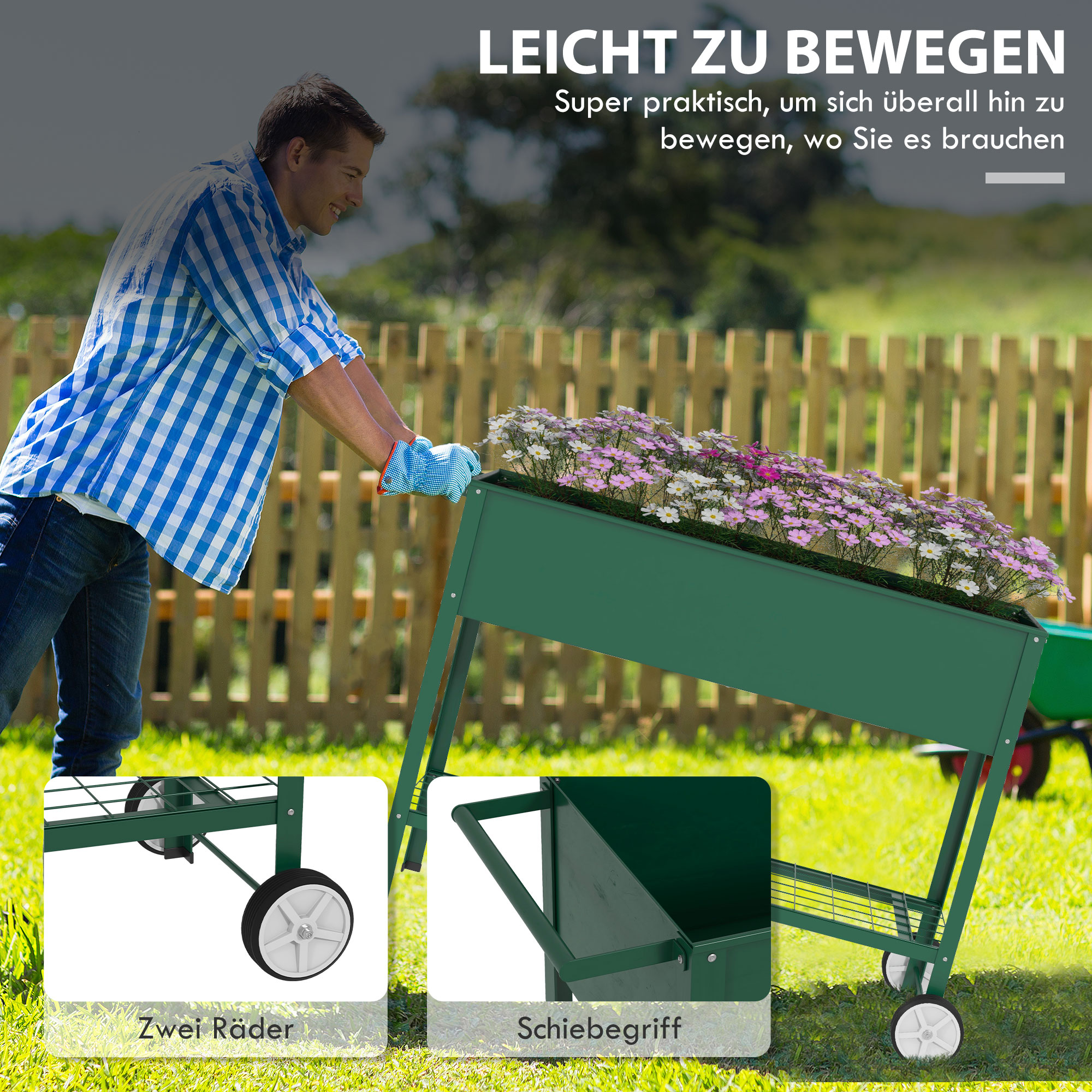 Hochbeet Pflanzbeet Pflanzkasten, 1 Ablage, 2 Rollen, 109 cm x 44 cm x 80 cm, Grün