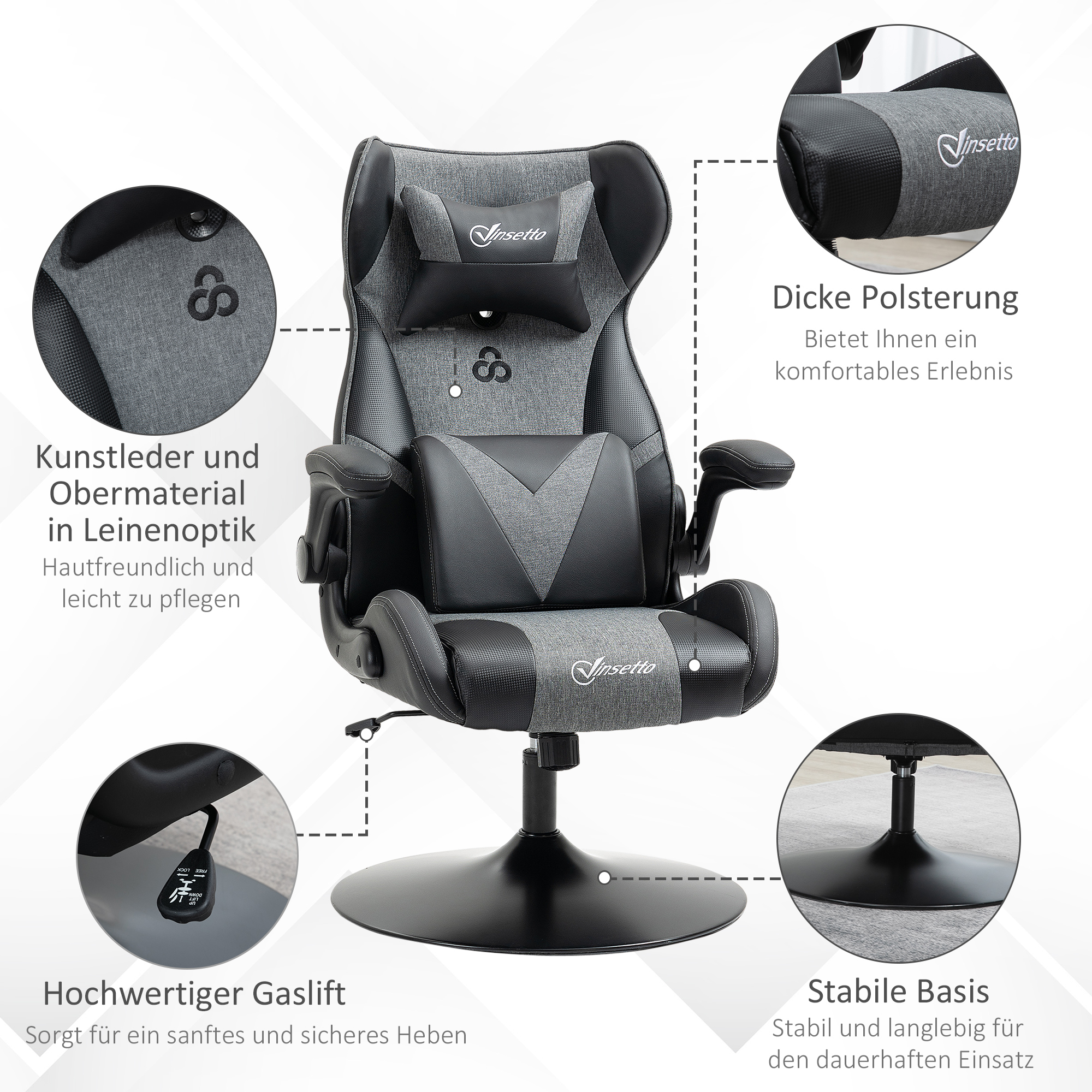 Gaming-Stuhl, höhenverstellbar & drehbar, Kunstleder-Bezug, klappbare Armlehnen, Schwarz+Grau