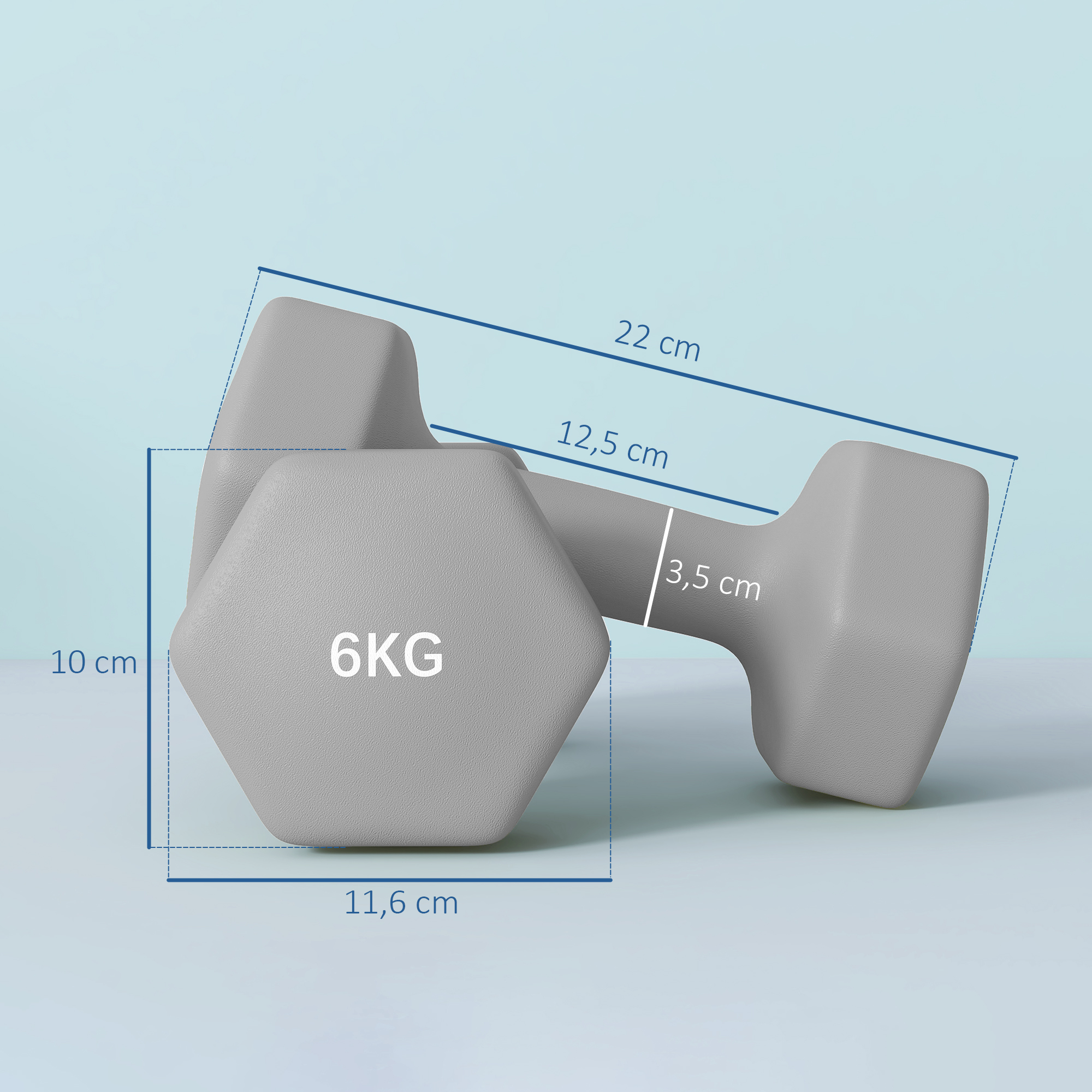 2 x 6 kg Kurzhantel-Set, sechseckiges Design, bodenfreundlich, rutschfest, Grau