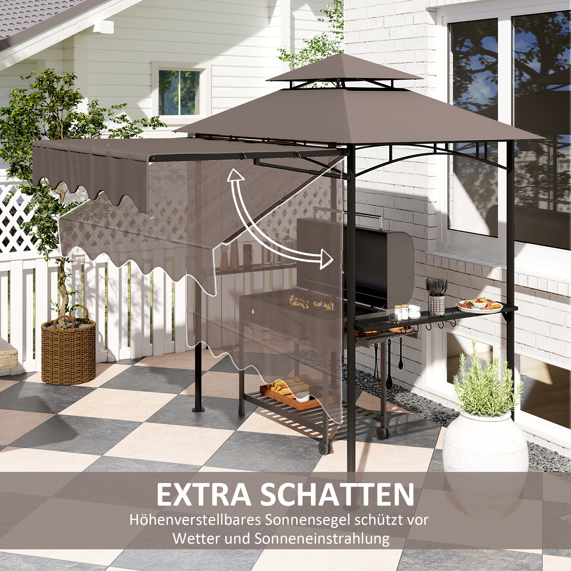 Grillpavillon 242x149x248 cm wasserabweisend flammhemmend Gartenpavillon mit Doppelschichtdach Kaffee