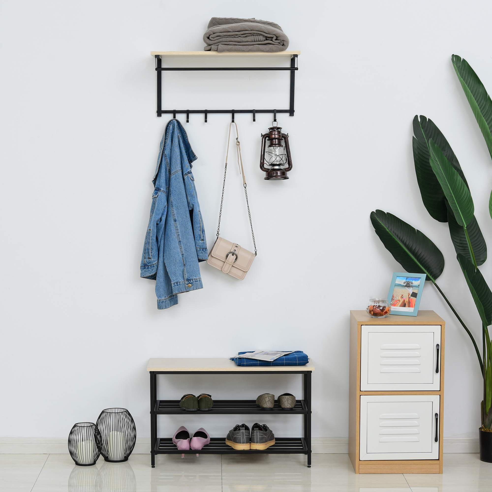 2-in-1 Garderobenset Flurgaderobe mit Sitzbank Wandgarderobe für Eingangsbereich, 6 Haken, Natur+Schwarz, 75 x 30 x 45 cm(Sitzbank)