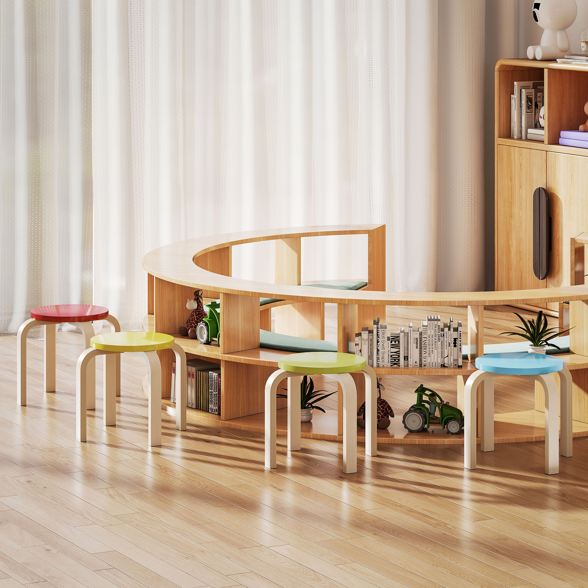 4 Stapelhocker mit Filzfußpolstern, Birken-Sperrholz, lackiert, Bunt