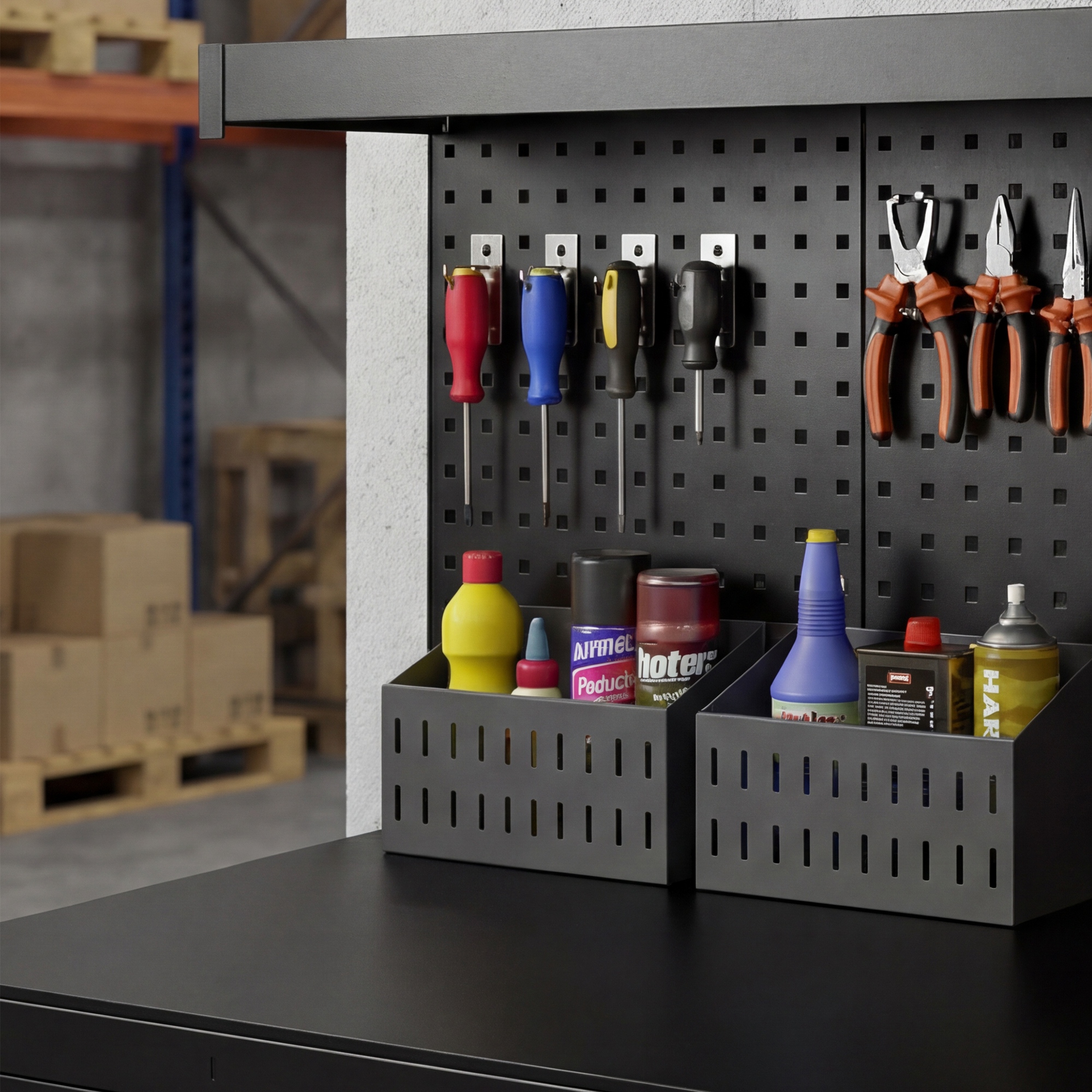 Werkbank mit verstellbaren Regalen, robuste Arbeitsstation mit Lochwand und 2 Schubladen, 122 x 61 x 156 cm, Schwarz