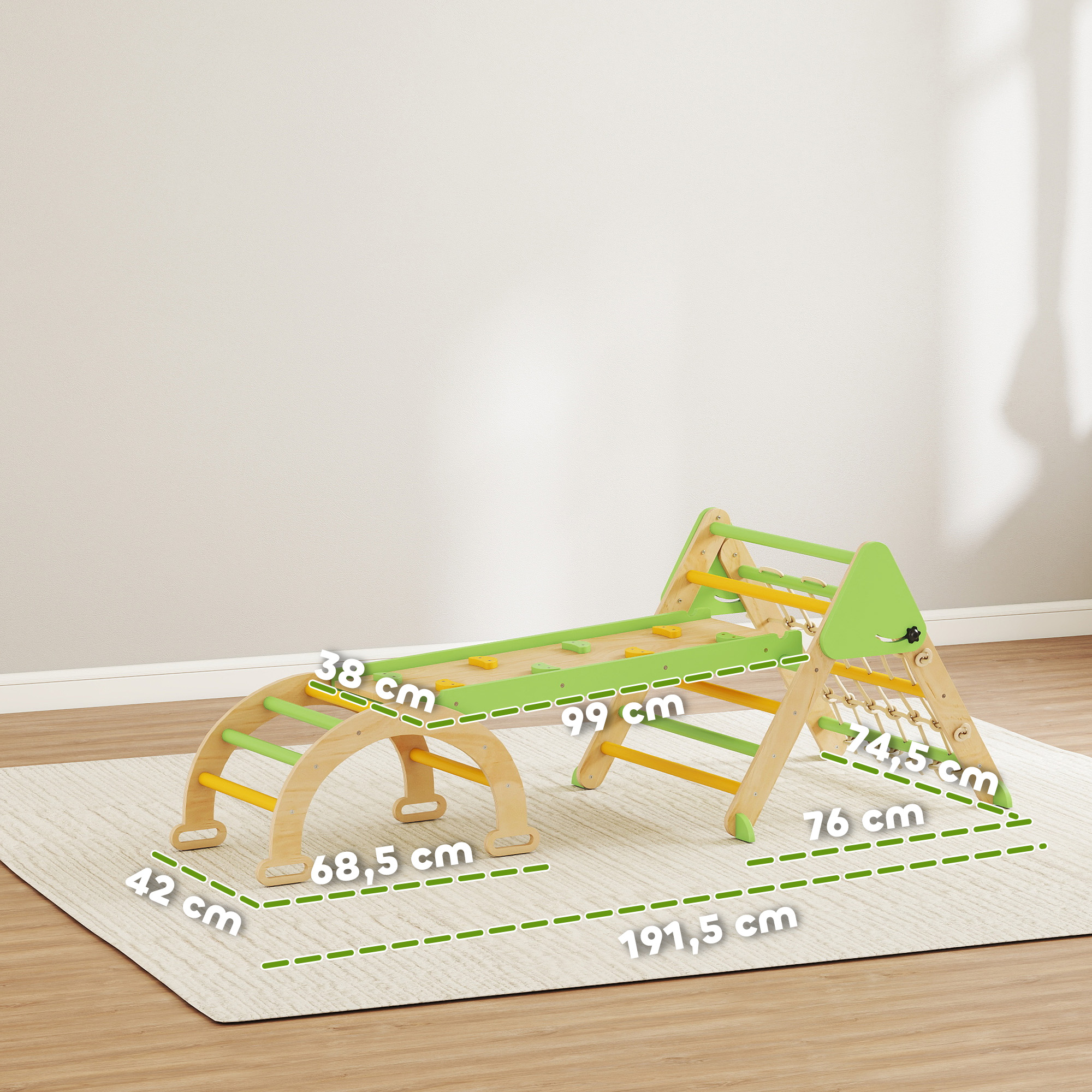8-in-1 Montessori Klettergerüst Indoor Holz Kletterdreieck mit Kletterbogen, doppelseitiger Rutsche, Grün