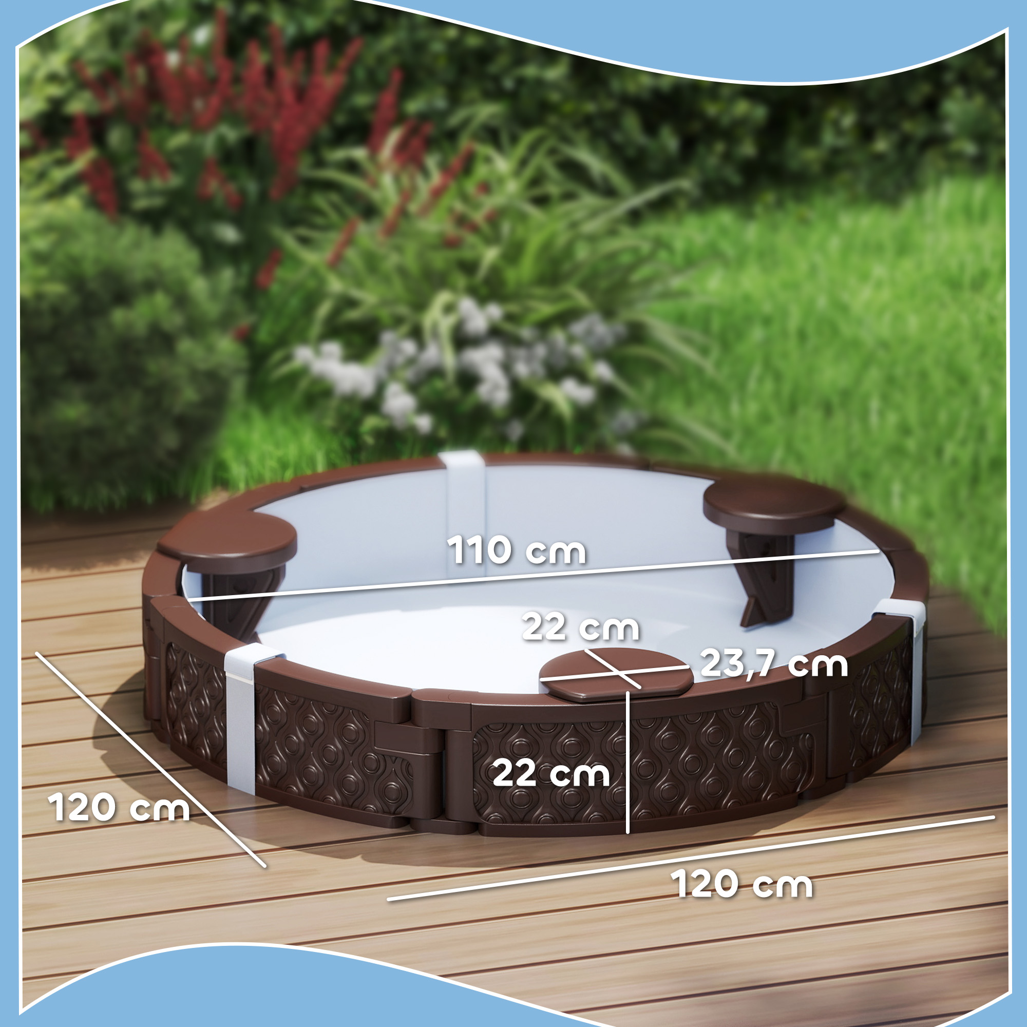 Sandkasten, Runde Sandkiste für bis zu 3 Kinder, mit 3 Sitzen, wasserfeste Unterlage, Schutzplane, 300 kg Sand