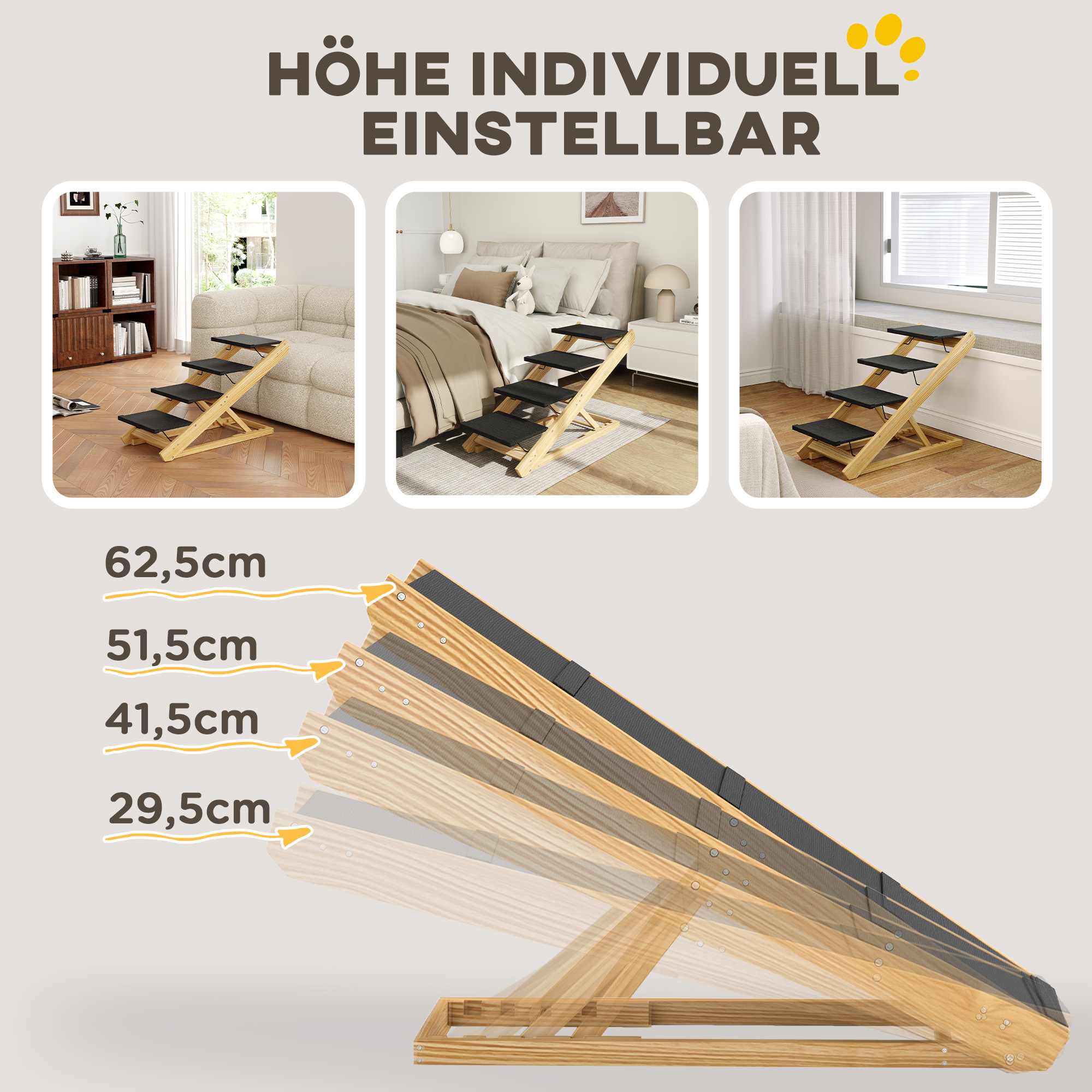 Hundetreppe, Hunderampe, höhenverstellbar, rutschfest, faltbar, 83x40x62,5 cm, Holz/Weiß