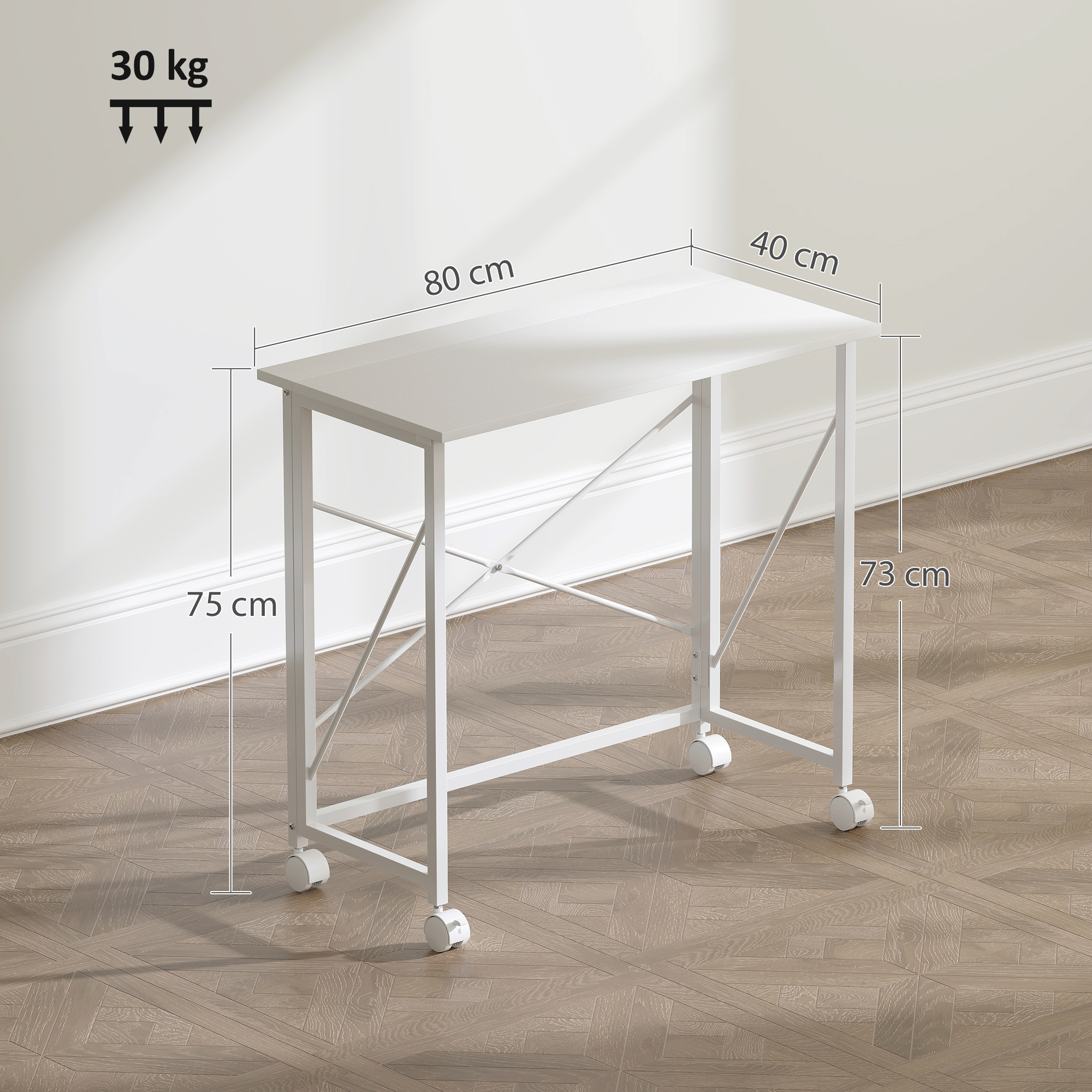 Schreibtisch mit Rollen, faltbarer Bürotisch mit Stahlgestell für Arbeitszimmer Schlafzimmer 80 x 40 x 75 cm Weiß
