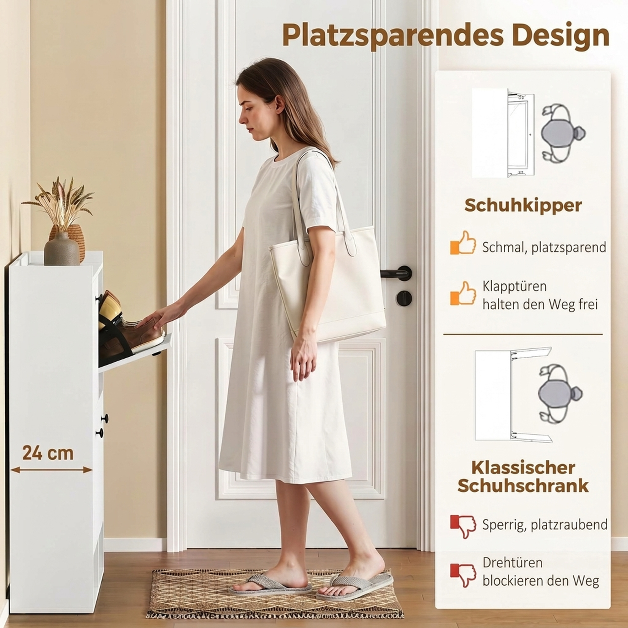 Schuhschrank mit 4 Klappfächern, verstellbaren Trennwänden, offenem Regal und oberer Ablage, Weiß
