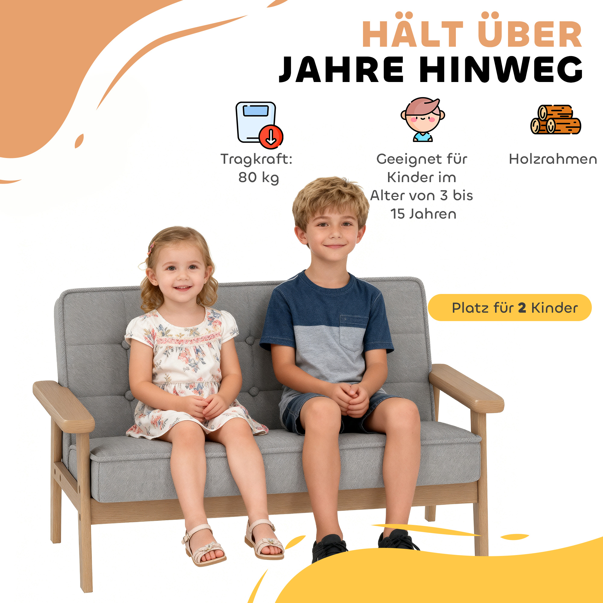 Kindersessel, Kindersofa mit Holzrahmen, Samtoptik, gepolstert, für Kinder von 3-15 Jahren Grau