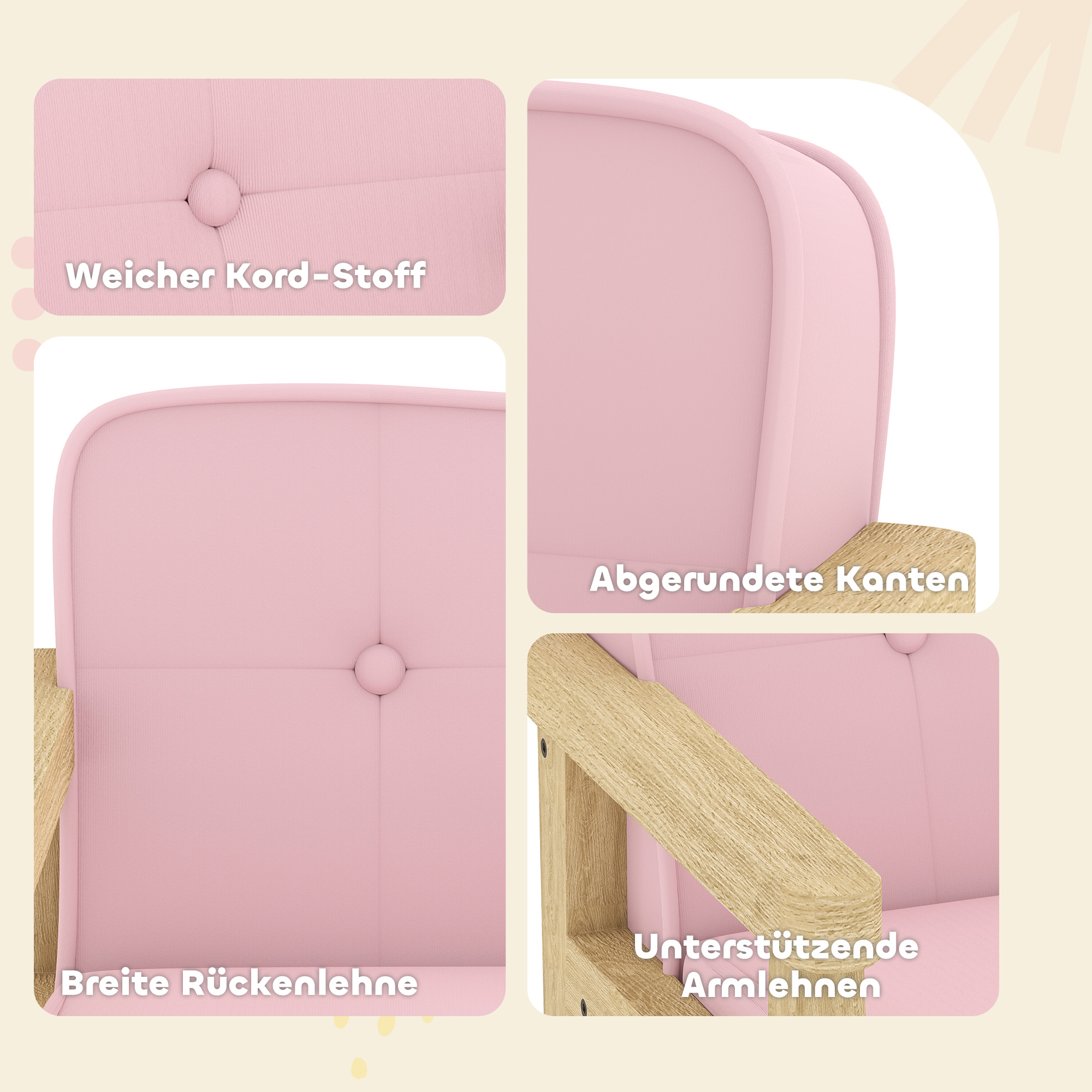 Kindersessel, Kindersofa mit Holzrahmen, Cordoptik, gepolsterter Kinderstuhl für Kinder von 3-8 Jahren, für Kinderzimmer, Spielzimmer, Rosa