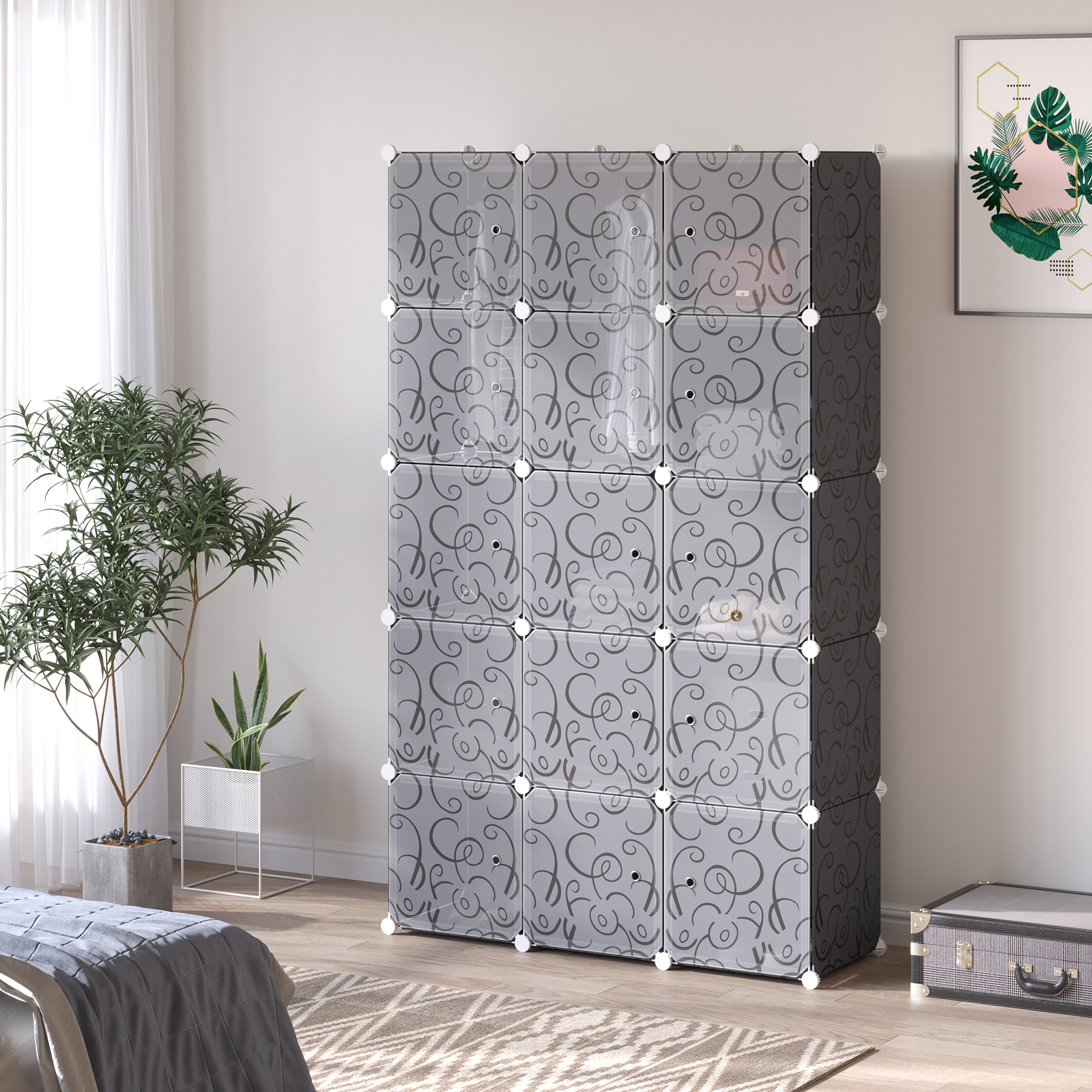 Kleiderschrank im Würfeldesign, 2 große und 9 kleine Würfel, Kunststoff, Metall, 111L x 47B x 183H cm, Schwarz+Weiß