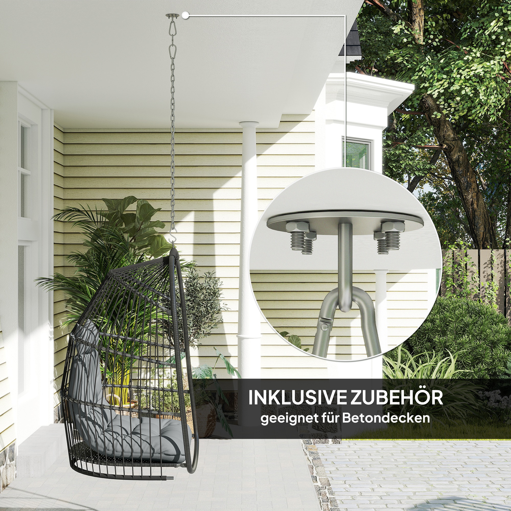 Hängesessel Hängekorb mit Kissen Polyrattan Schaukel Outdoor Indoor faltbar belastbar bis 150kg Dunkelgrau