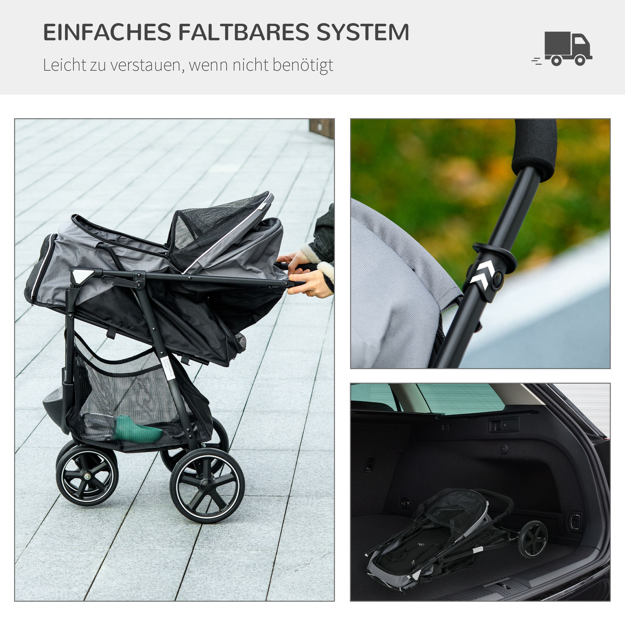 Hundebuggy Haustierwagen bis 10kg klappbar Regenschutz 2 Sicherheitsleinen 83cm x 55cm x 101cm Grau + Schwarz