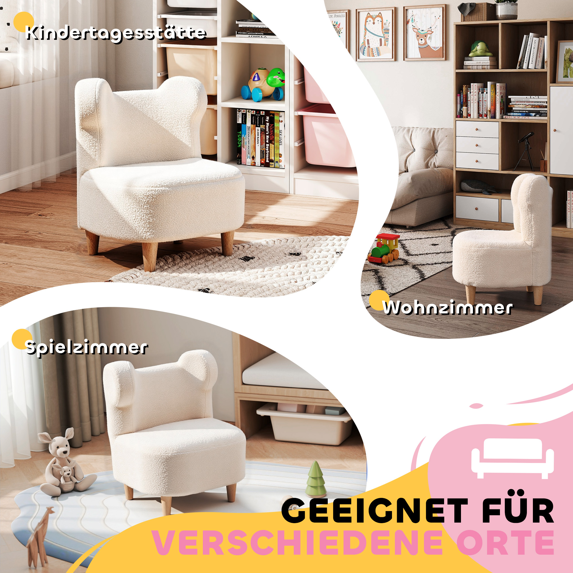 Kindersessel, Plüschsessel mit Bärenohren, Fleece-Bezug, Schaumstoff, Beige