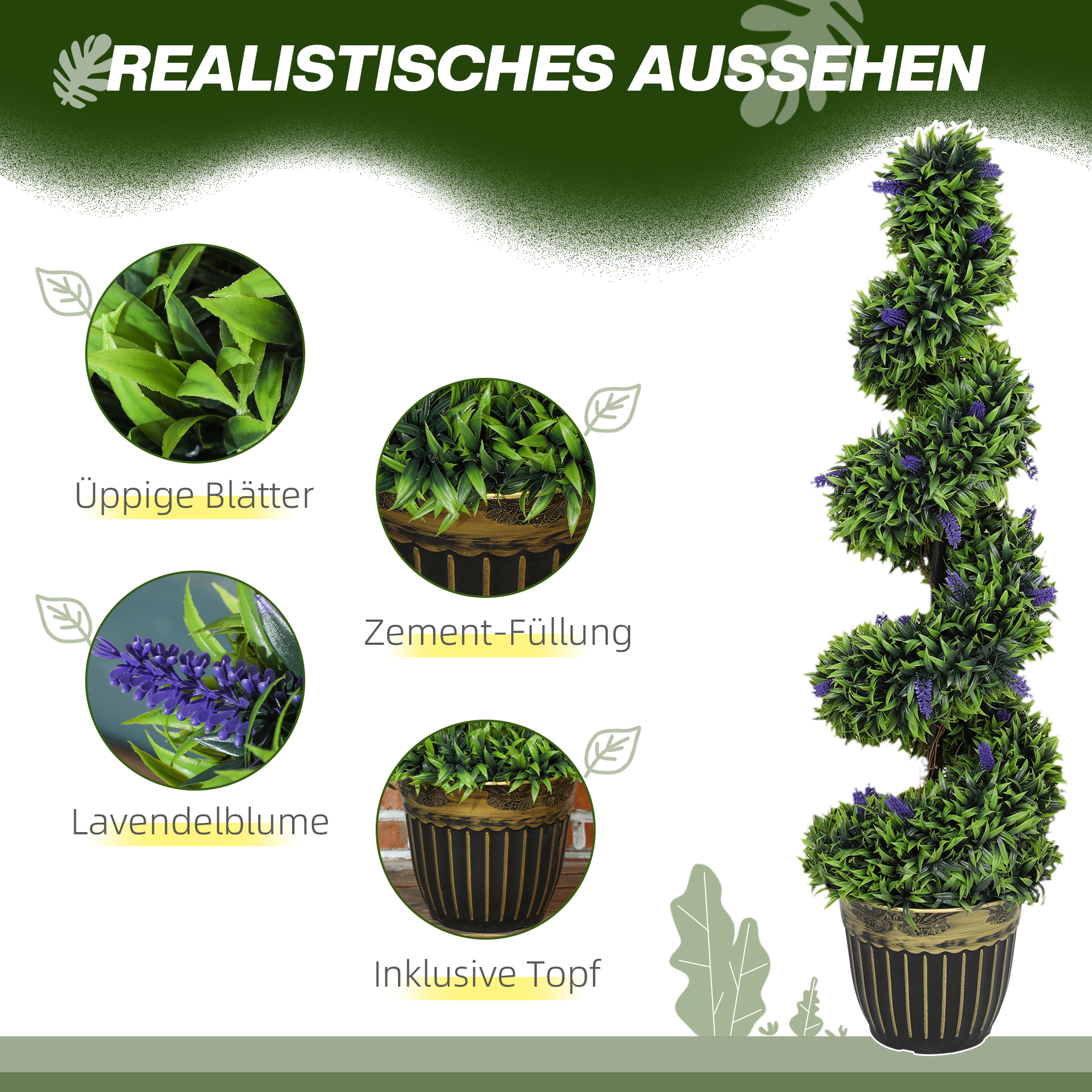 2-teiliges Kunstpflanzen-Set, Spiral-Design, Zementsockel, Grün