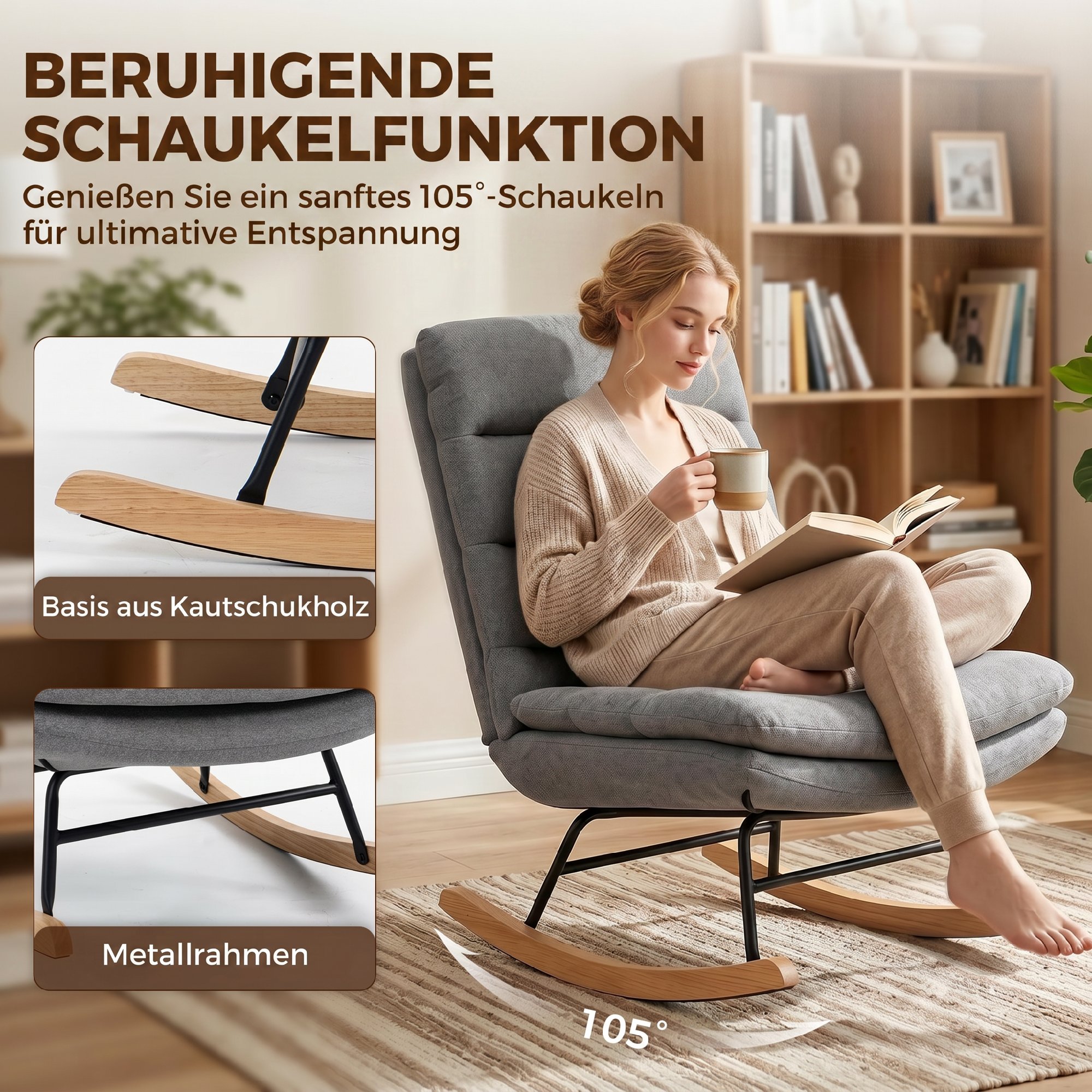 Schaukelstuhl Schaukelsessel mit Leinenoptik, Lendenkissen, hoher Rücken, breite Sitzfläche, Doppelpolsterung, Hellgrau