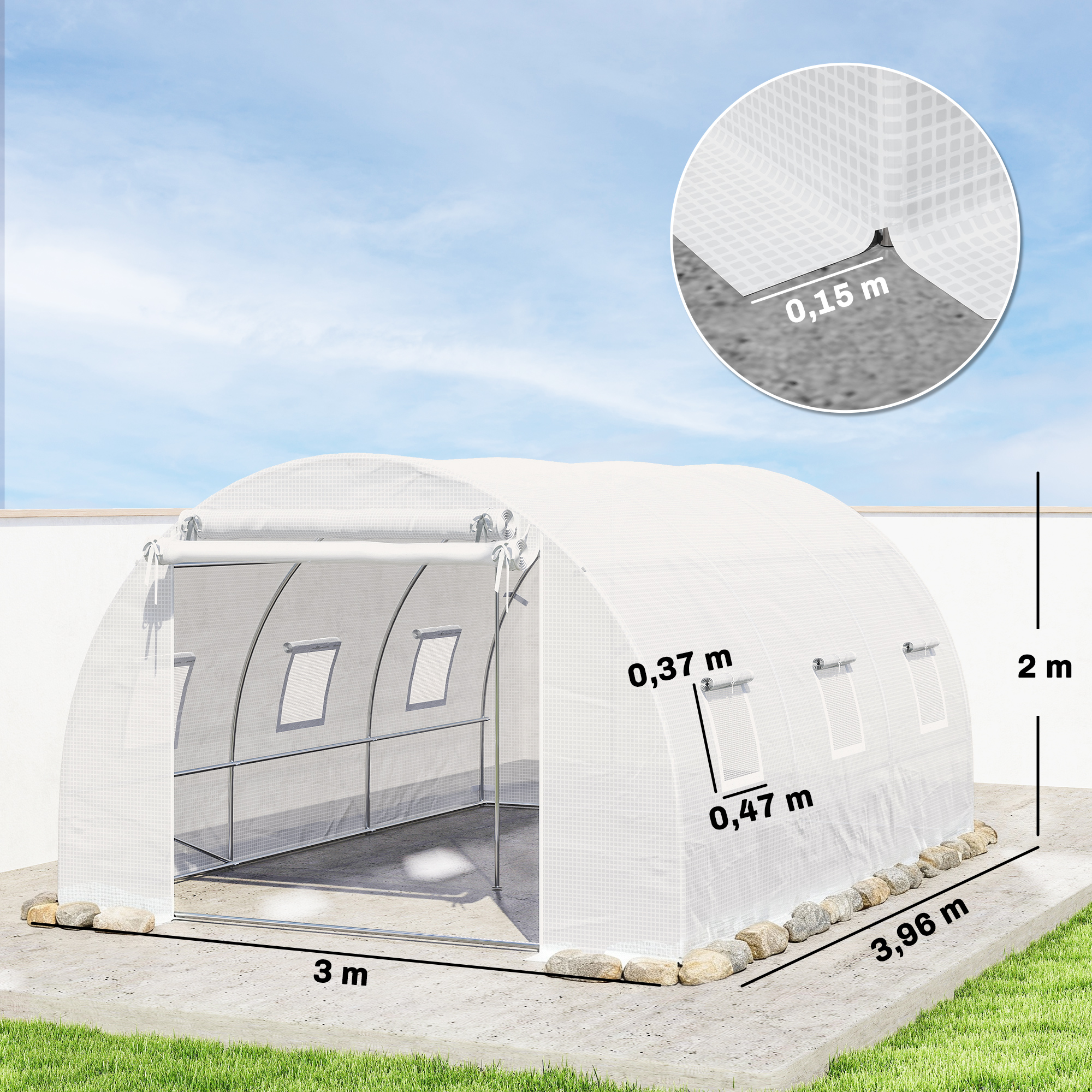 Foliengewächshaus, Kunststoff-Abdeckung, Maschentür, Stützstangen, Weiß